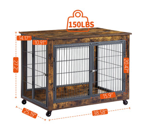 Furniture Dog Cage Crate With Double Doors, Rustic Brown, 38.58'' W X 25.2'' D X 27.17'' H