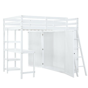 Full Size Loft Bed with Wardrobe and Desk and Shelves, White