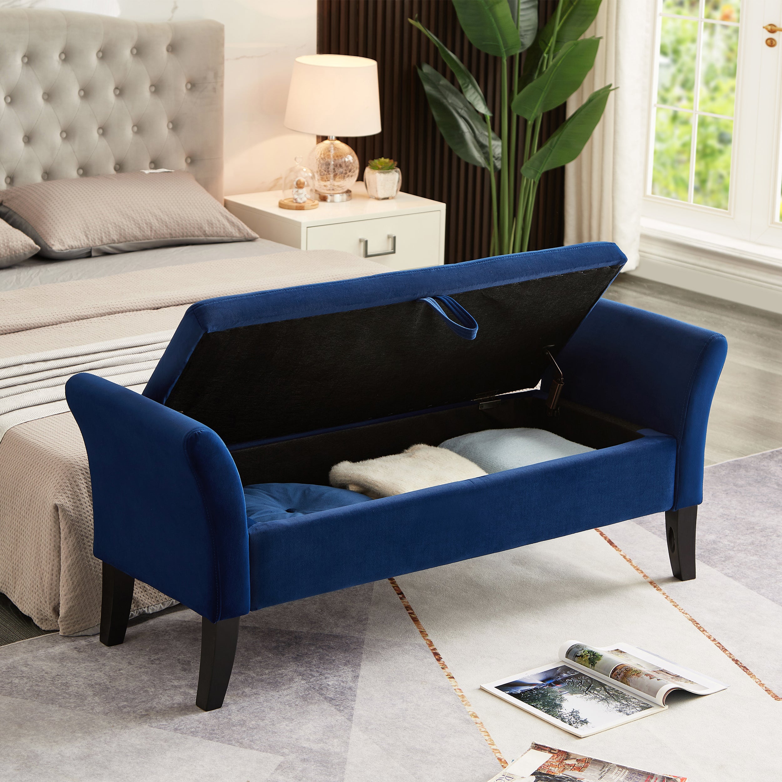 51.5" Bed Bench With Storage, Navy Blue Velvet