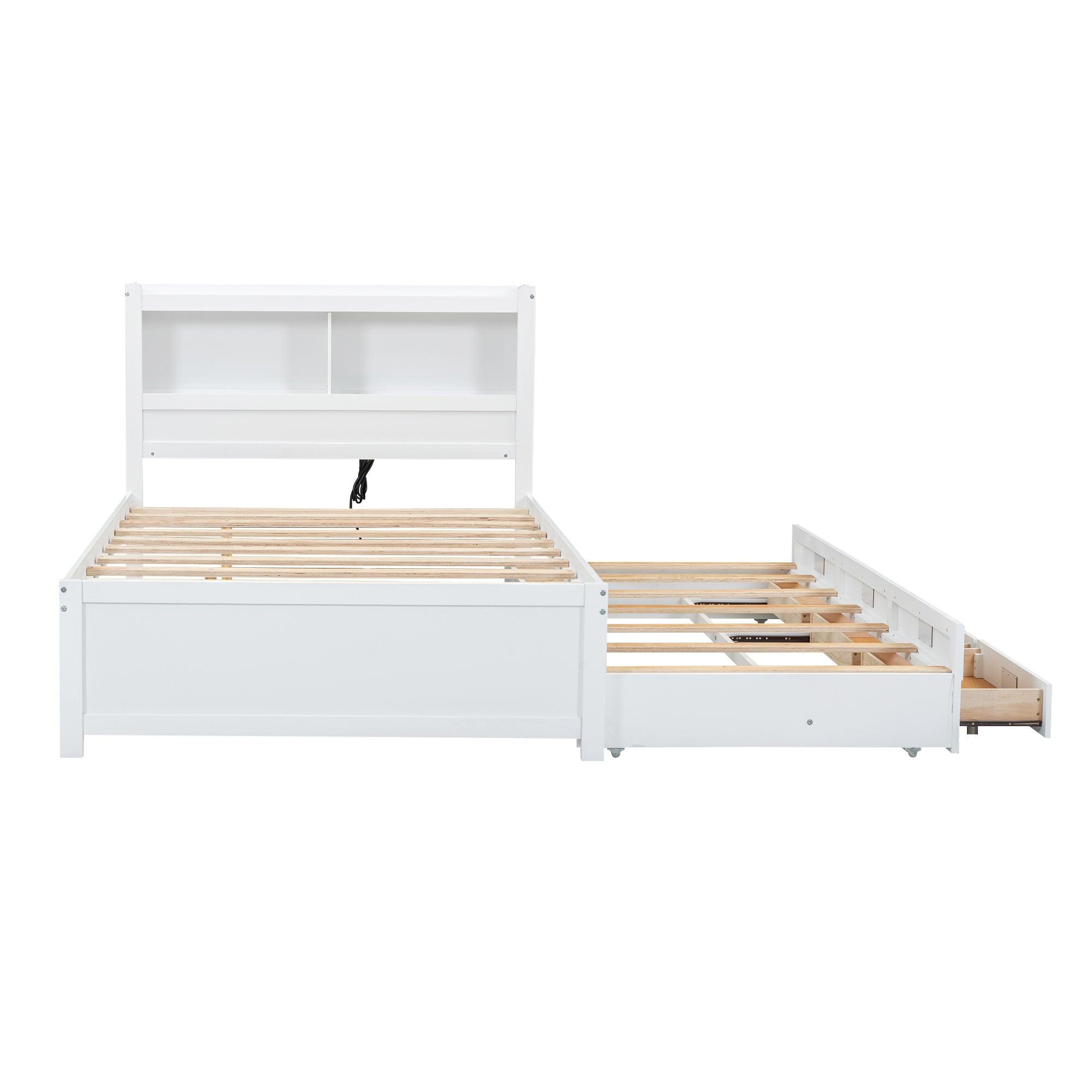 Full Size platform bed with trundle, drawers and USB plugs, White