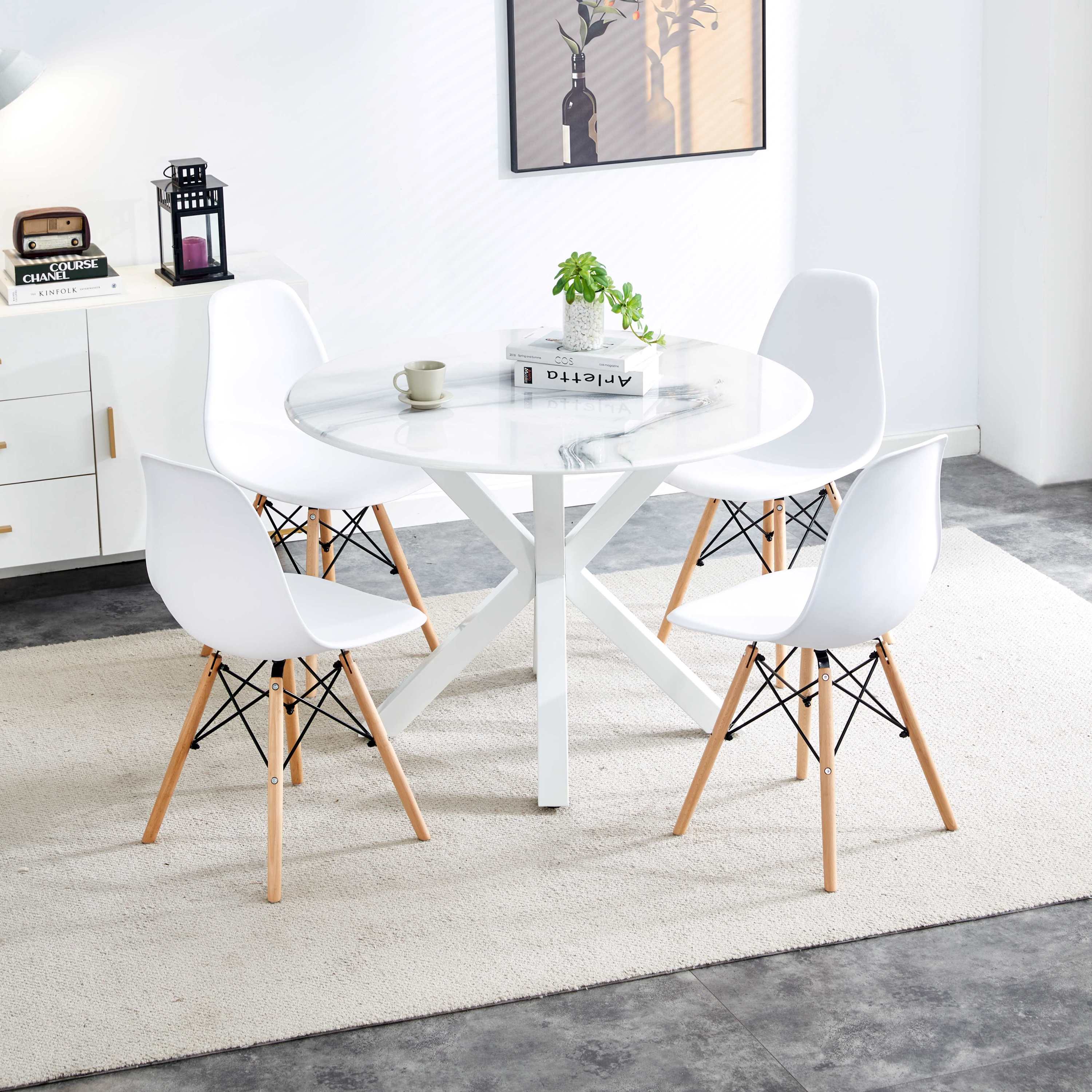 42.1" White Table Cross Leg Mid-Century Dining Table for 4-6 People With Round Mdf Table Top, Pedestal Dining Table, End Table Leisure Coffee Table