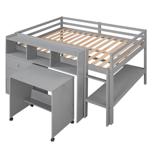 Full Size Low Loft Bed with Rolling Portable Desk, Drawers and Shelves, Gray