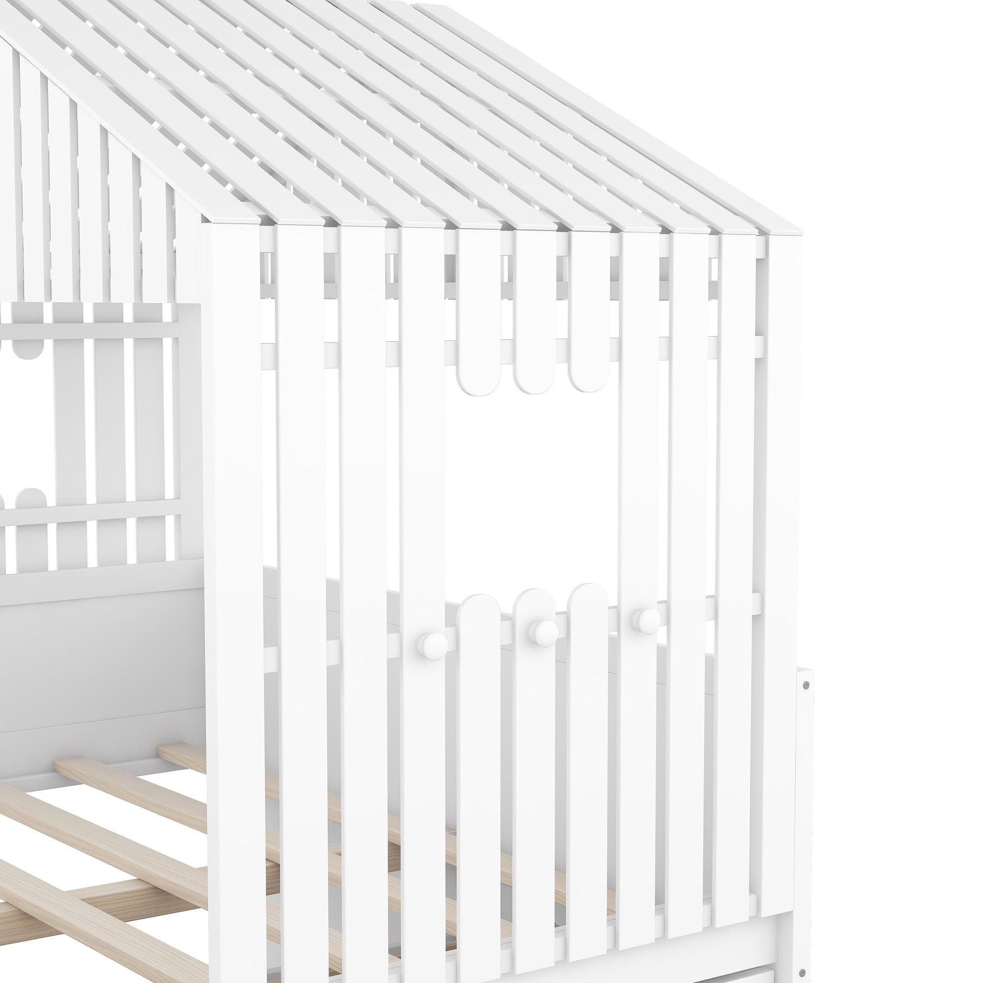 Full Size House Low Loft Bed with Four Drawers, White