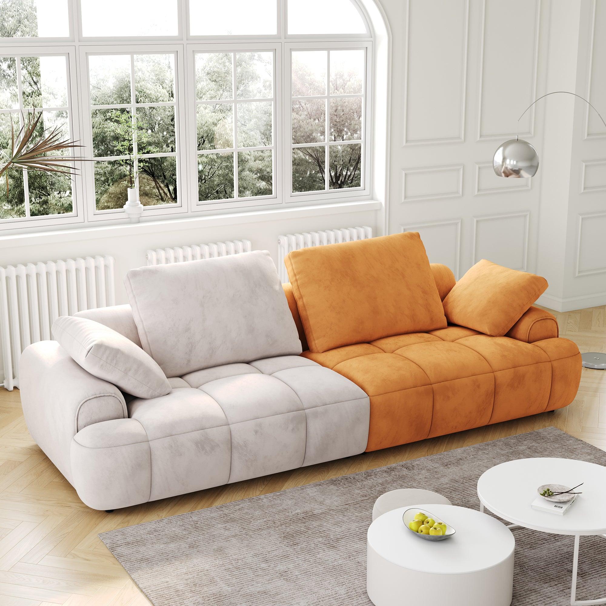 🆓🚛 86.6″ Large Size Two Seat Sofa, Modern Upholstered, Beige Paired With Yellow Suede Fabric