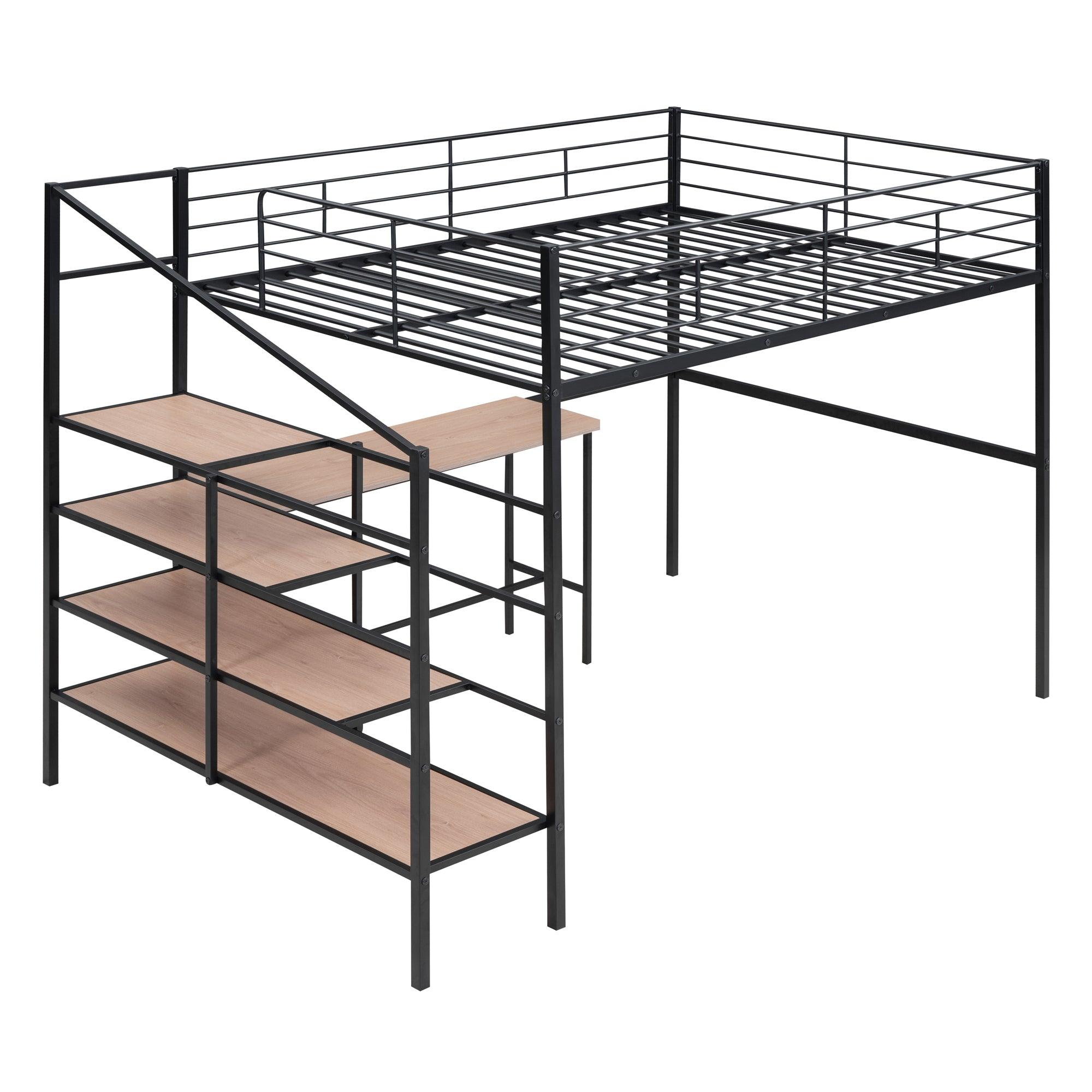 Full Size Metal Loft Bed with Desk and Lateral Storage Ladder, Black