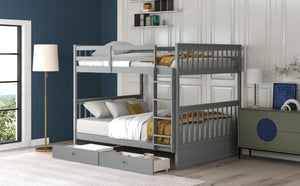 Full-Over-Full Bunk Bed with Ladders and Two Storage Drawers (Gray)