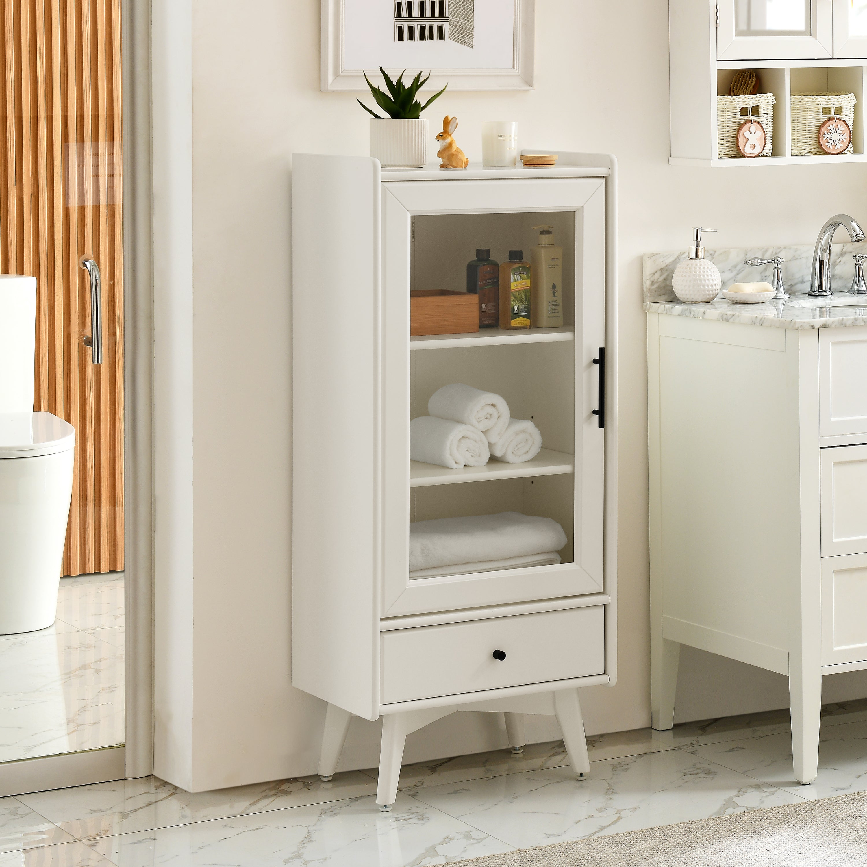 🆓🚛 Modern Bathroom Storage Cabinet, Glass Door, Double Adjustable Shelves & One Drawer, White (19.75"×13.75"×46")