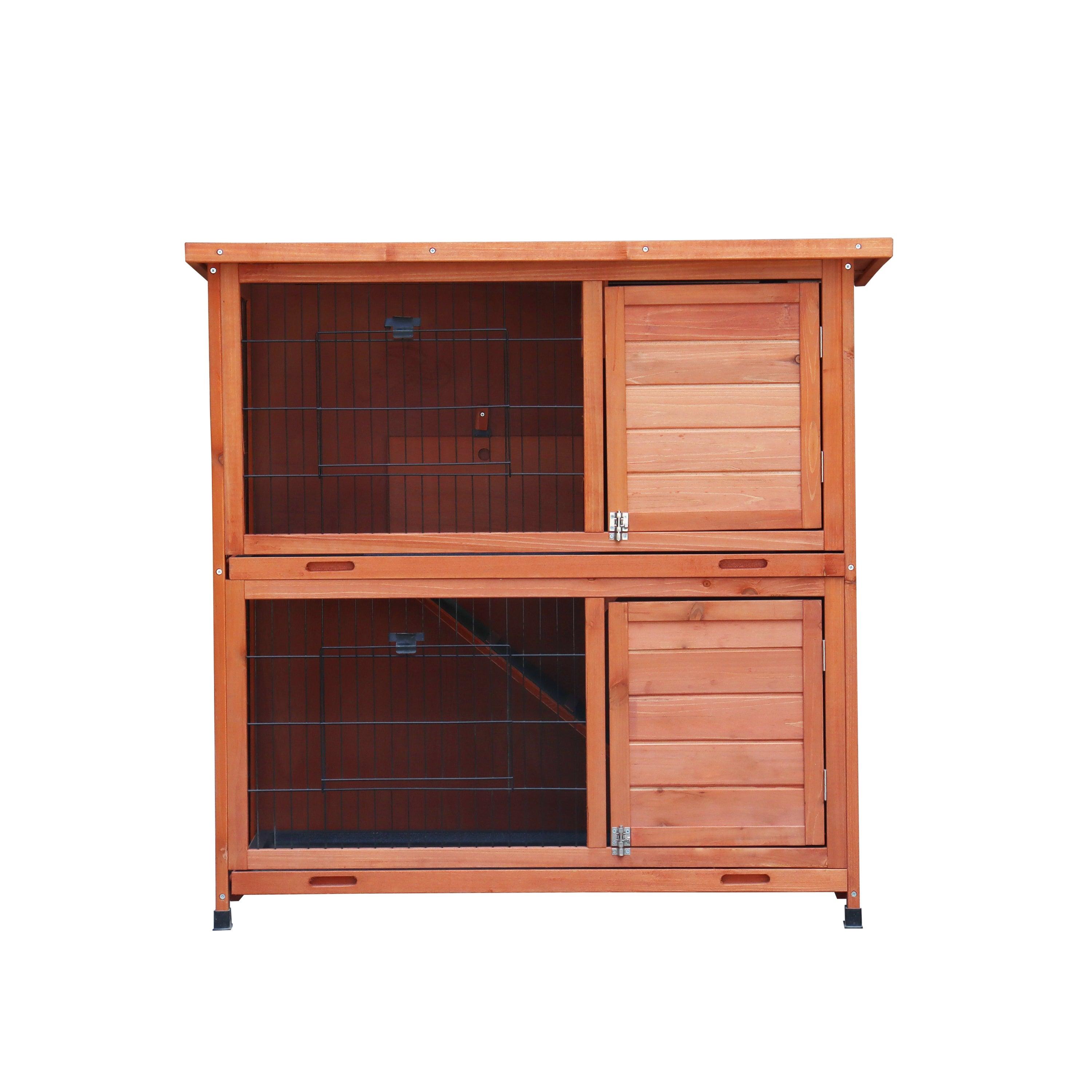 🆓🚛 Rabbit Hutch Outdoor, 2-Story Rabbit Cage Indoor With Run, Bunny Cage With 2 Removable No-Leak Trays, Pet Cages With Non-Slip Ramp, Waterproof Roof, Fence, for Small Animals