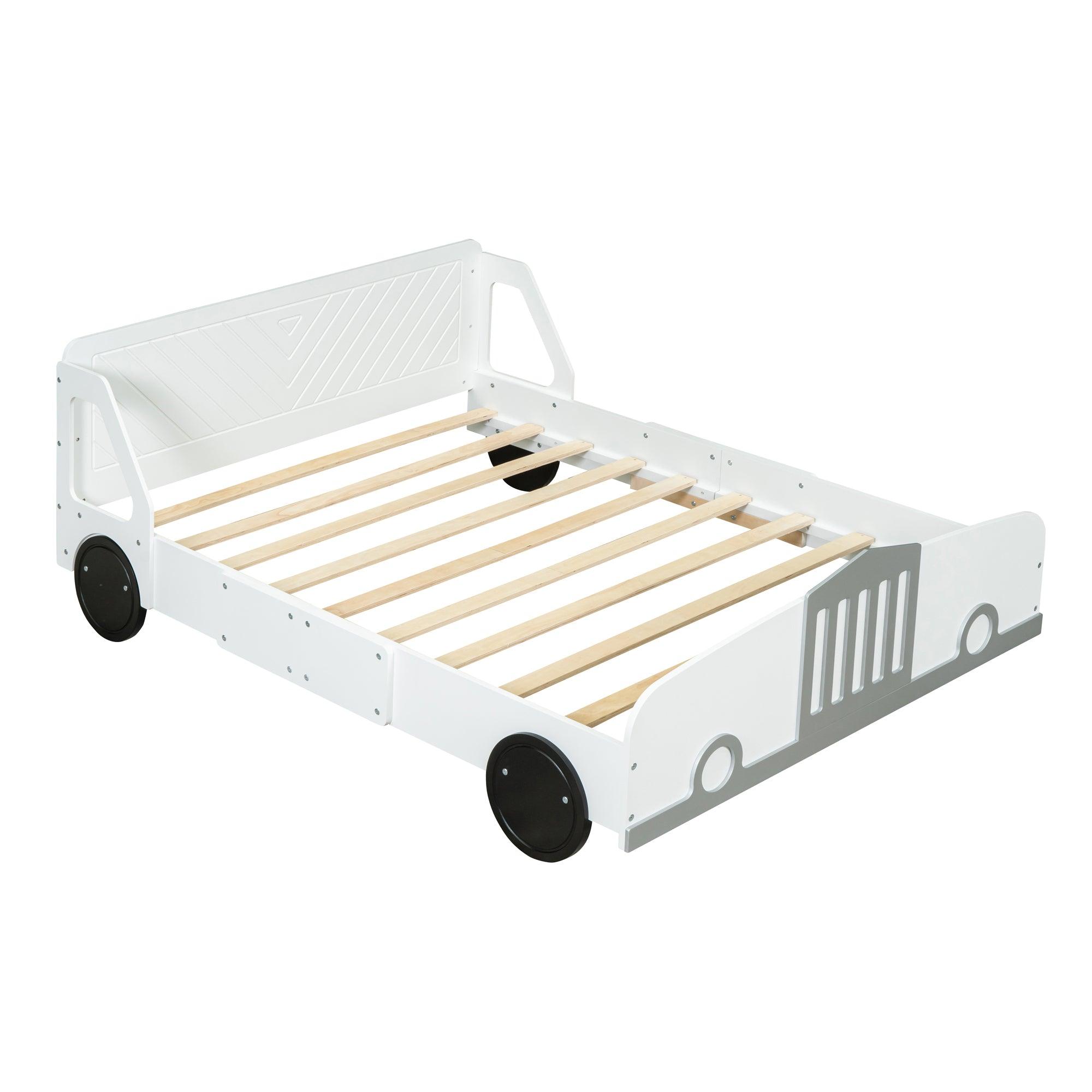 Full Size Car-Shaped Platform Bed with Wheels, White