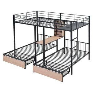 Full Over Twin & Twin Triple Bunk Bed with Drawers, Multi-functional Metal Frame Bed with desks and shelves in the middle, Black