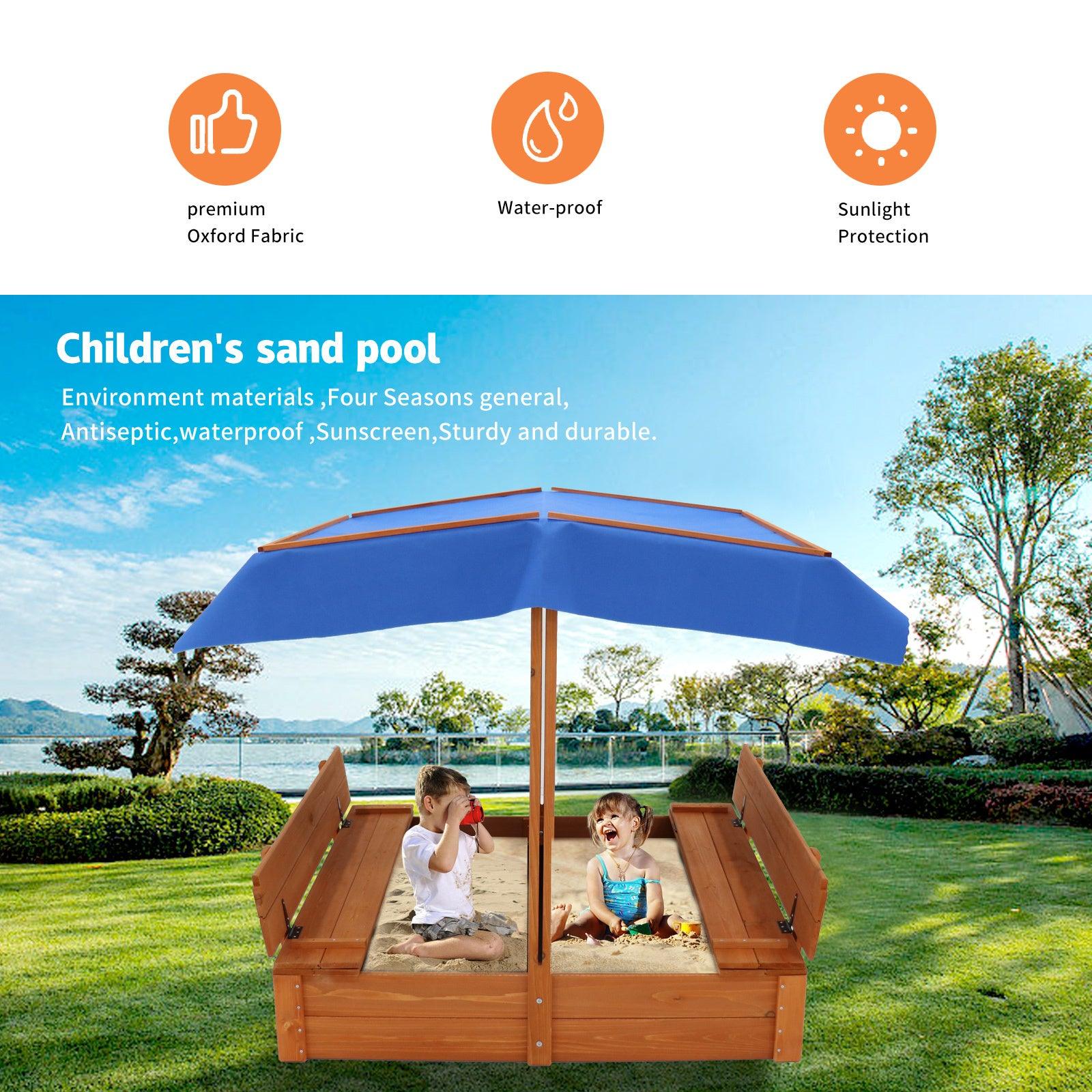 🆓🚛 Wood Sandbox With Cover, Sand Box With 2 Bench Seats for Aged 3-8 Years Old, Sand Boxes for Backyard Garden, Sand Pit for Beach Patio Outdoor (Natural Wood)