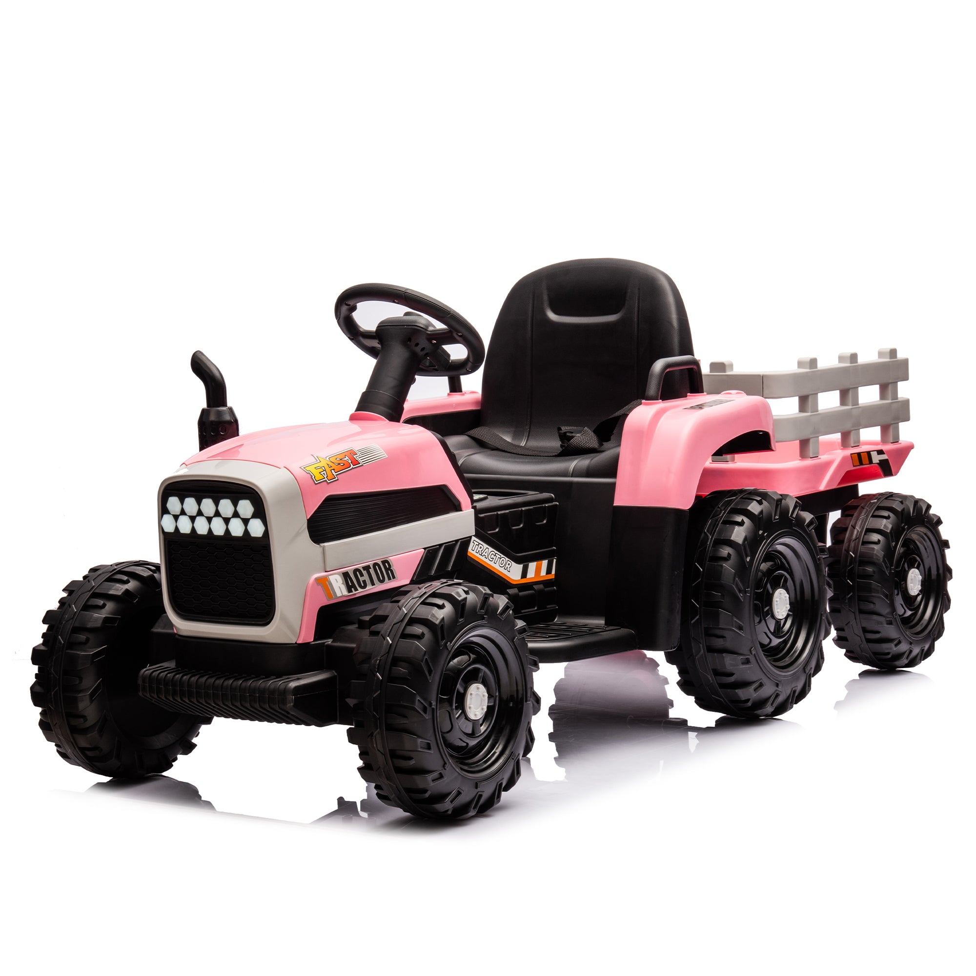 🆓🚛 Ride On Tractor With Trailer, 12V Battery Powered Electric Tractor Toy W/Remote Control, Electric Car for Kids, Three Speed Adjustable, Power Display, USB, Mp3, Bluetooth, Led Light, Two-Point Safety Belt, Pink