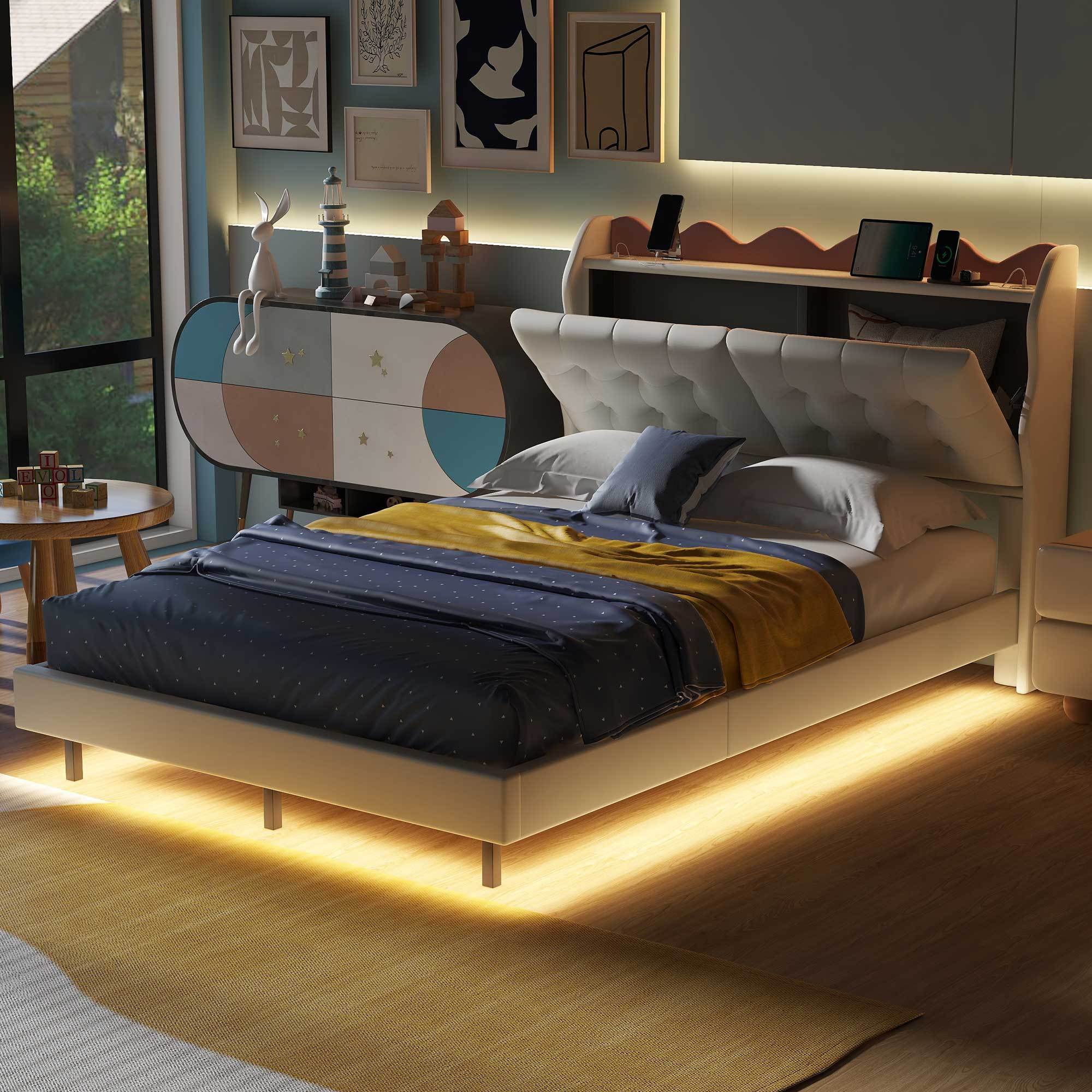 🆓🚛 Full Size Upholstery Platform Bed Frame With Led Light Strips, Headboard Storage Space and Two Usb Charging Deisgn, Beige