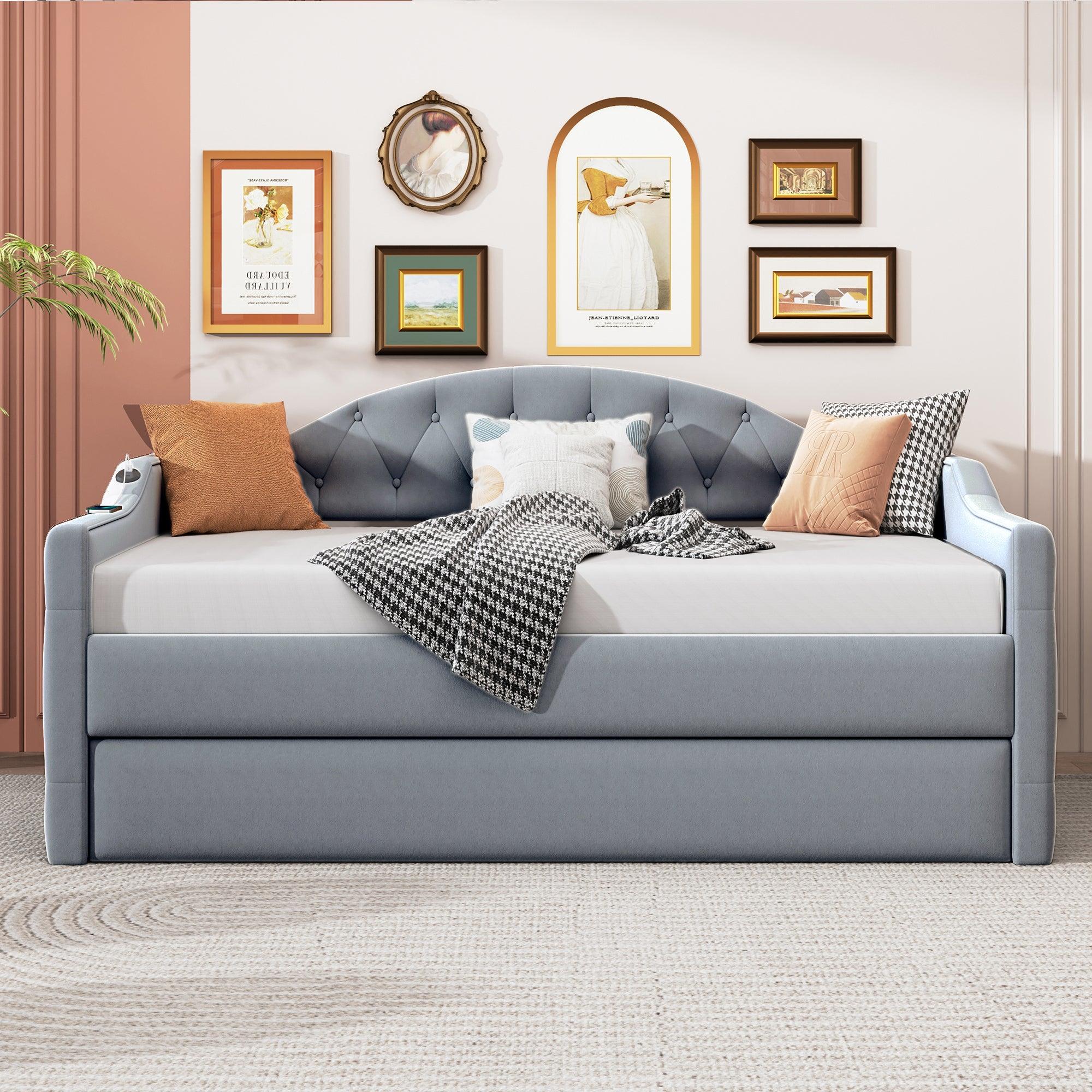🆓🚛 Twin Size Tufted Upholstered Daybed With Trundle, Usb Type-C Charging Ports, Gray
