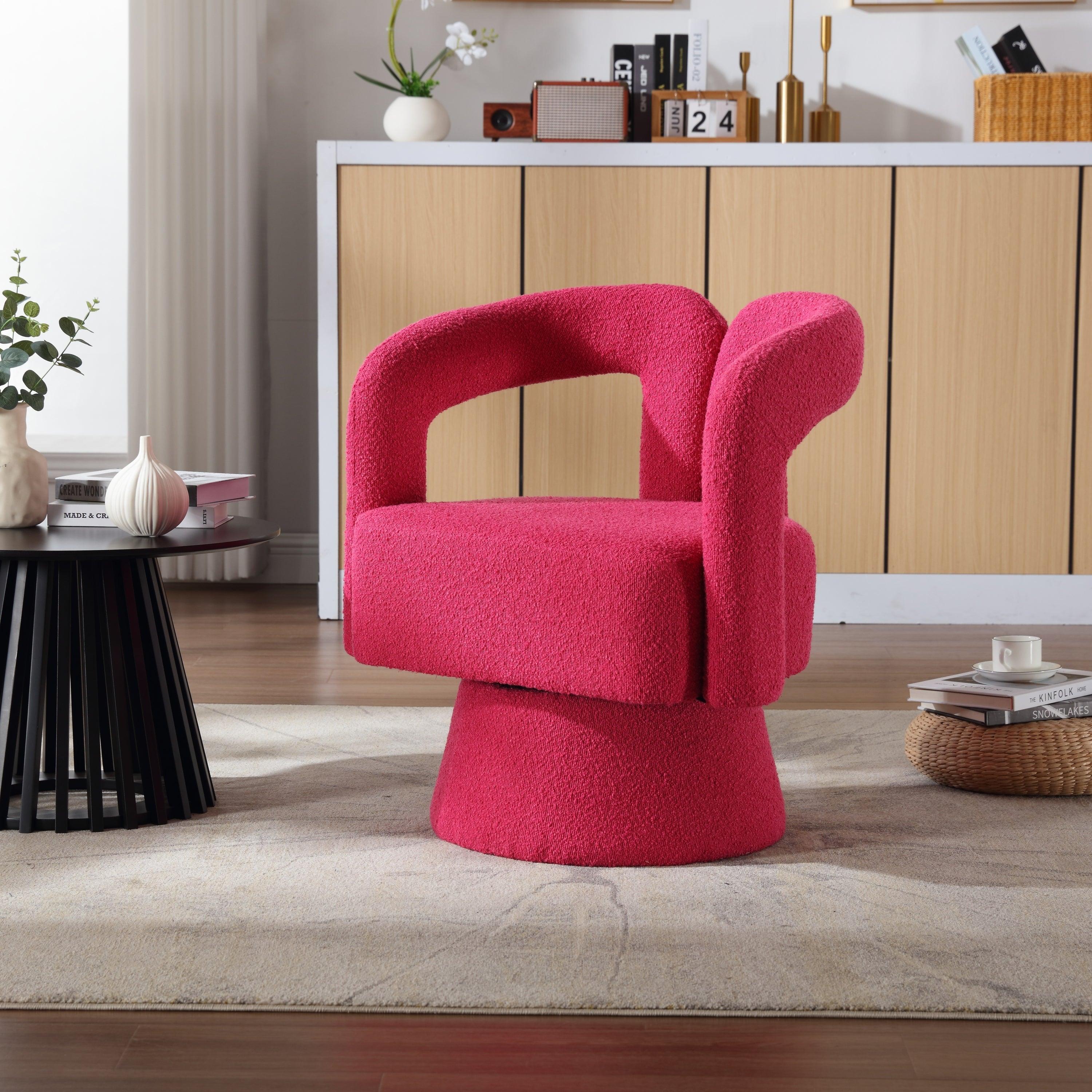 🆓🚛 360 Degree Swivel Cuddle Barrel Boucle Accent Chair, Rose Red