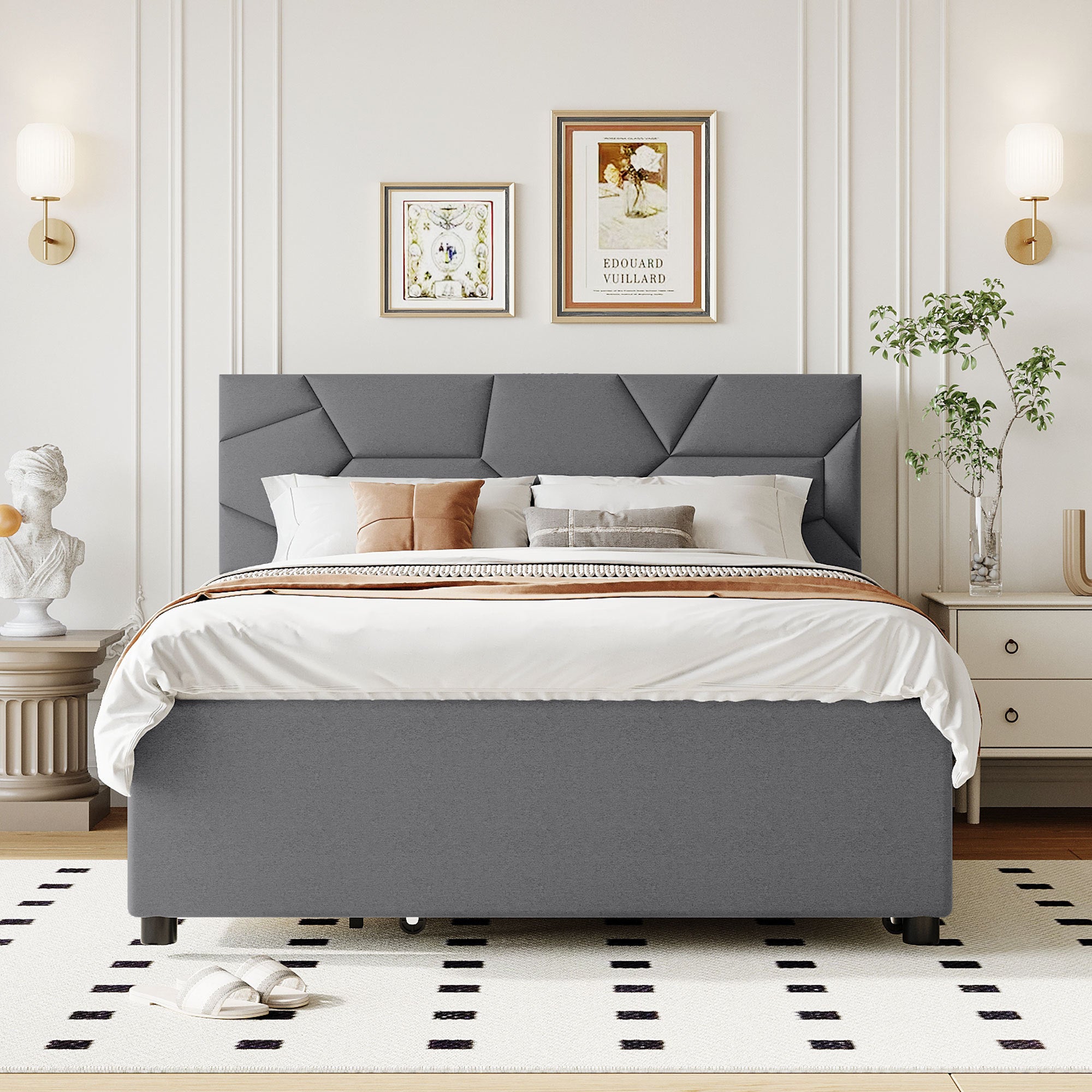 Full Size Upholstered Platform Bed with Brick Pattern Headboard, with Twin Size Trundle and 2 Drawers, Linen Fabric, Gray