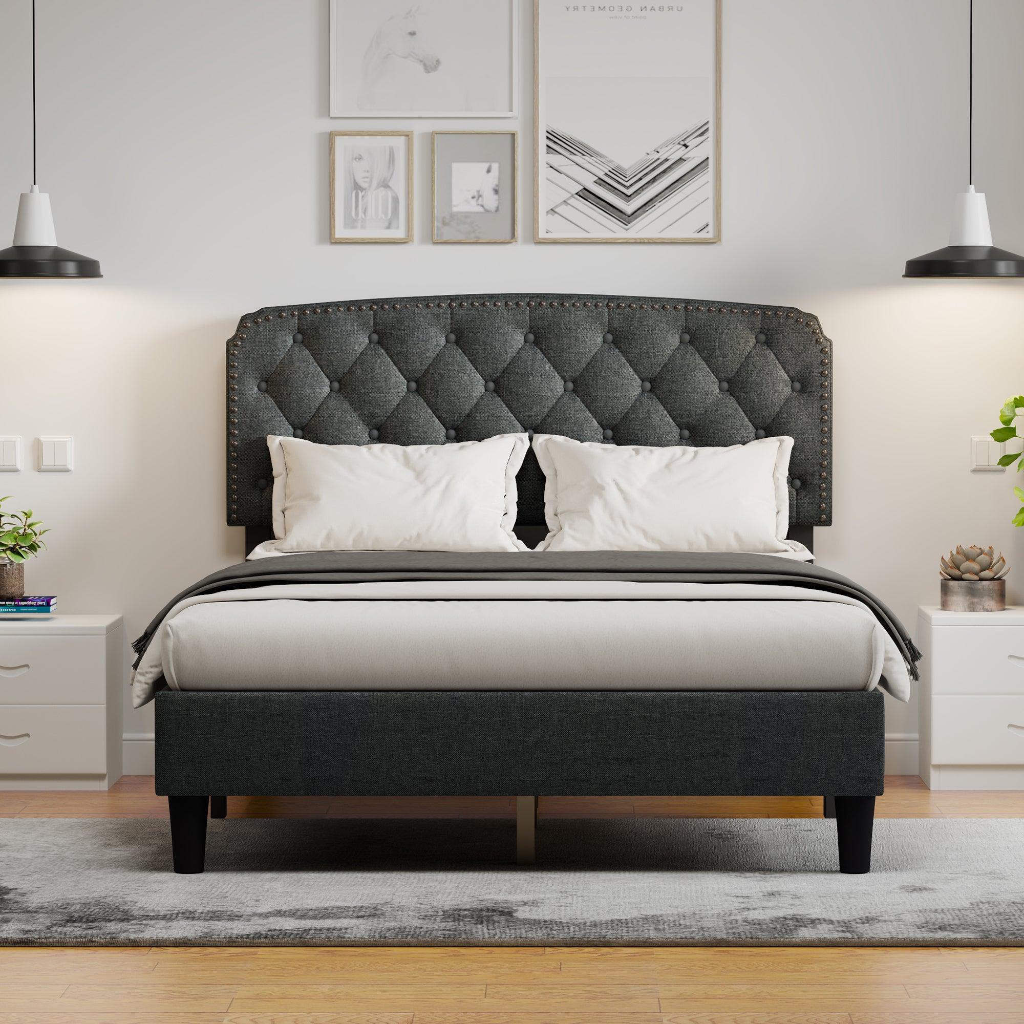 🆓🚛 Full Size Adjustable Headboard With Fine Linen Upholstery & Button Tufting for Bedroom, Wave Top Dark Gray