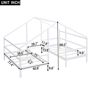 Double Twin Size Triangular House Beds with Built-in Table, White