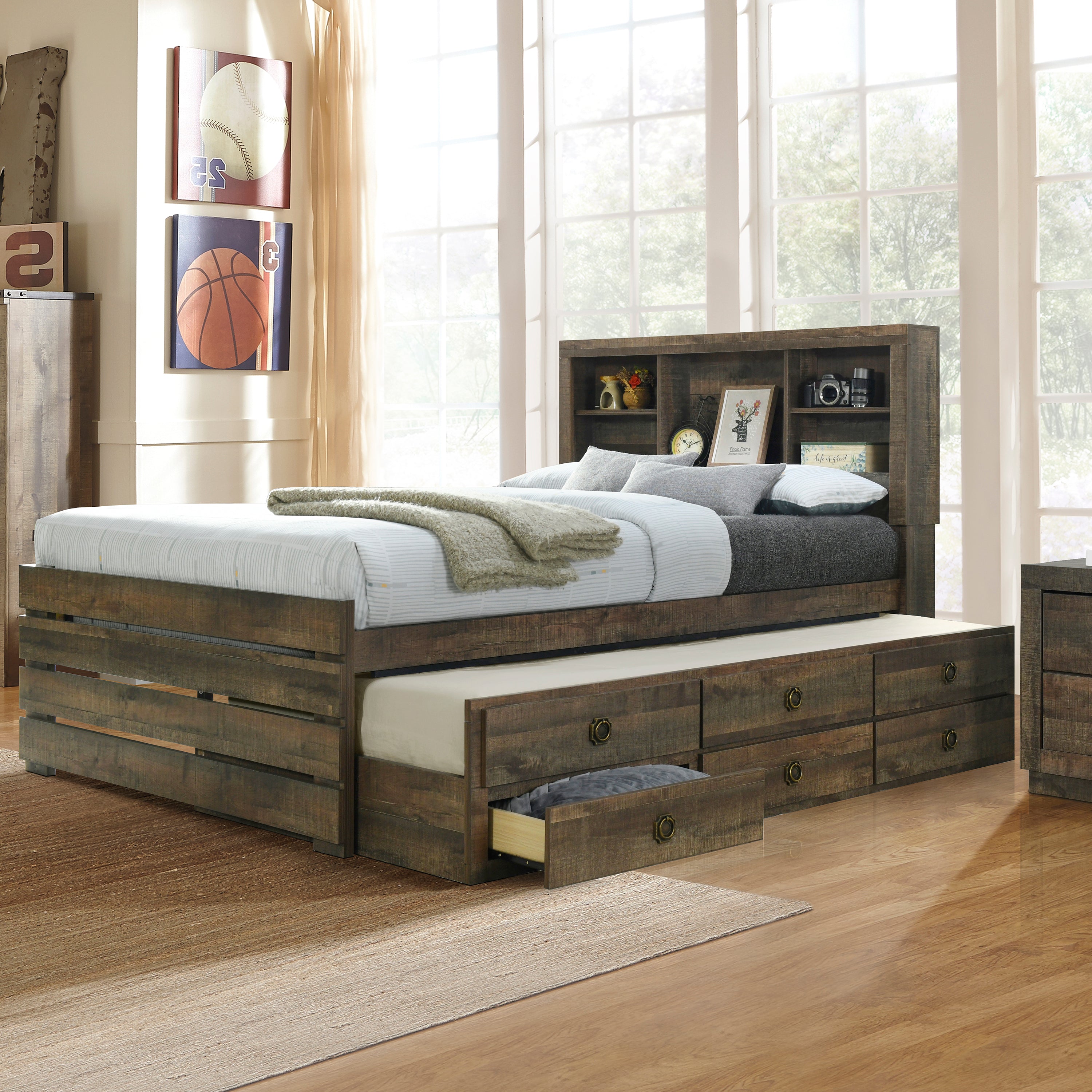 🆓🚛 Farmhouse Style Twin Size Bookcase Captain Bed With Three Drawers and Trundle, Rustic Brown