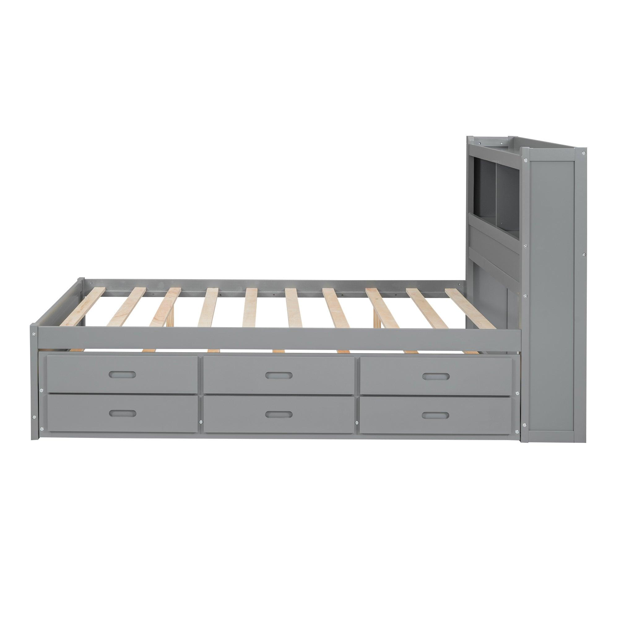 Full Size platform bed with trundle, drawers and USB plugs, Gray