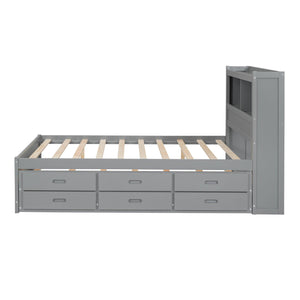 Full Size platform bed with trundle, drawers and USB plugs, Gray