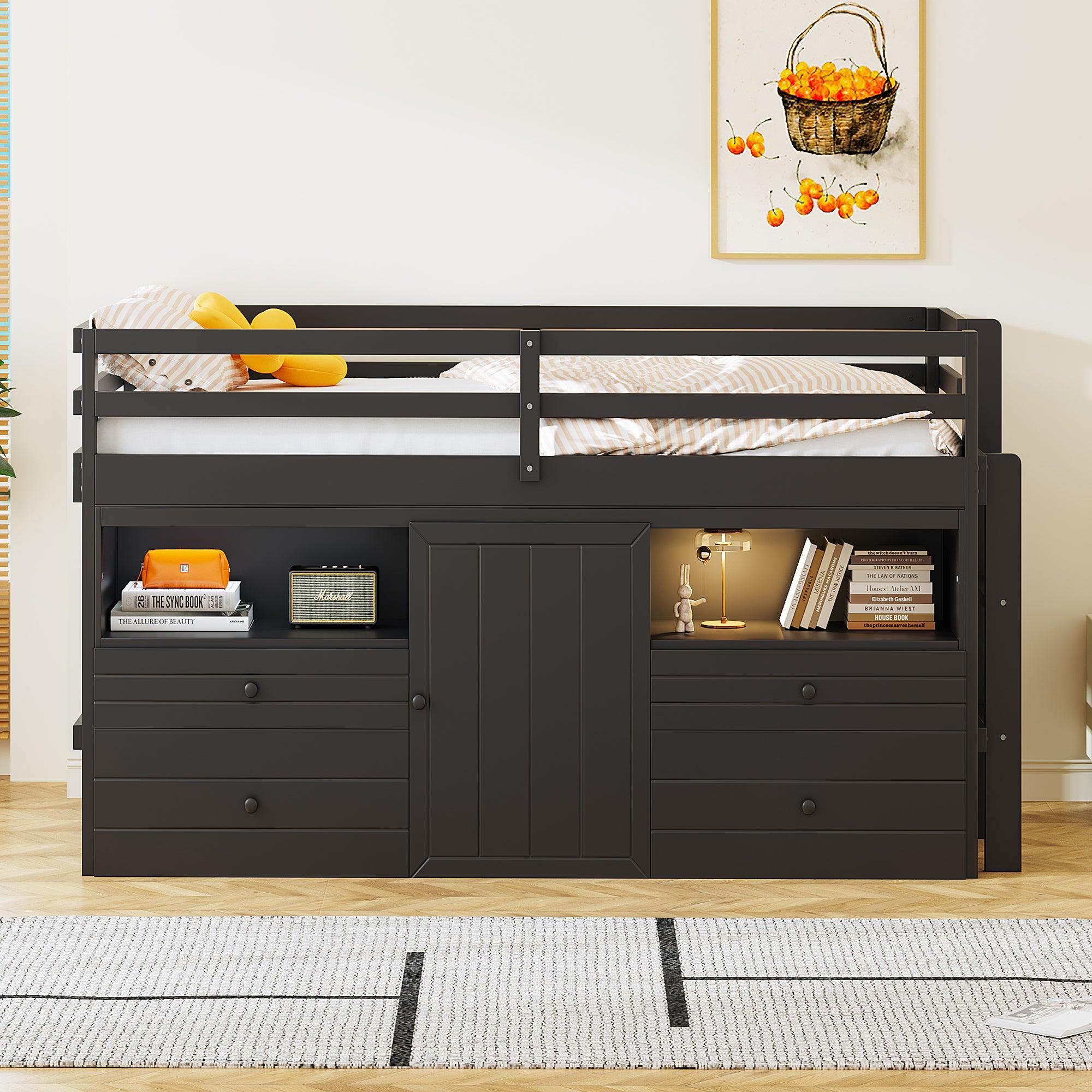 🆓🚛 Twin Size Loft Bed With 4 Drawers, Underneath Cabinet & Shelves, Espresso