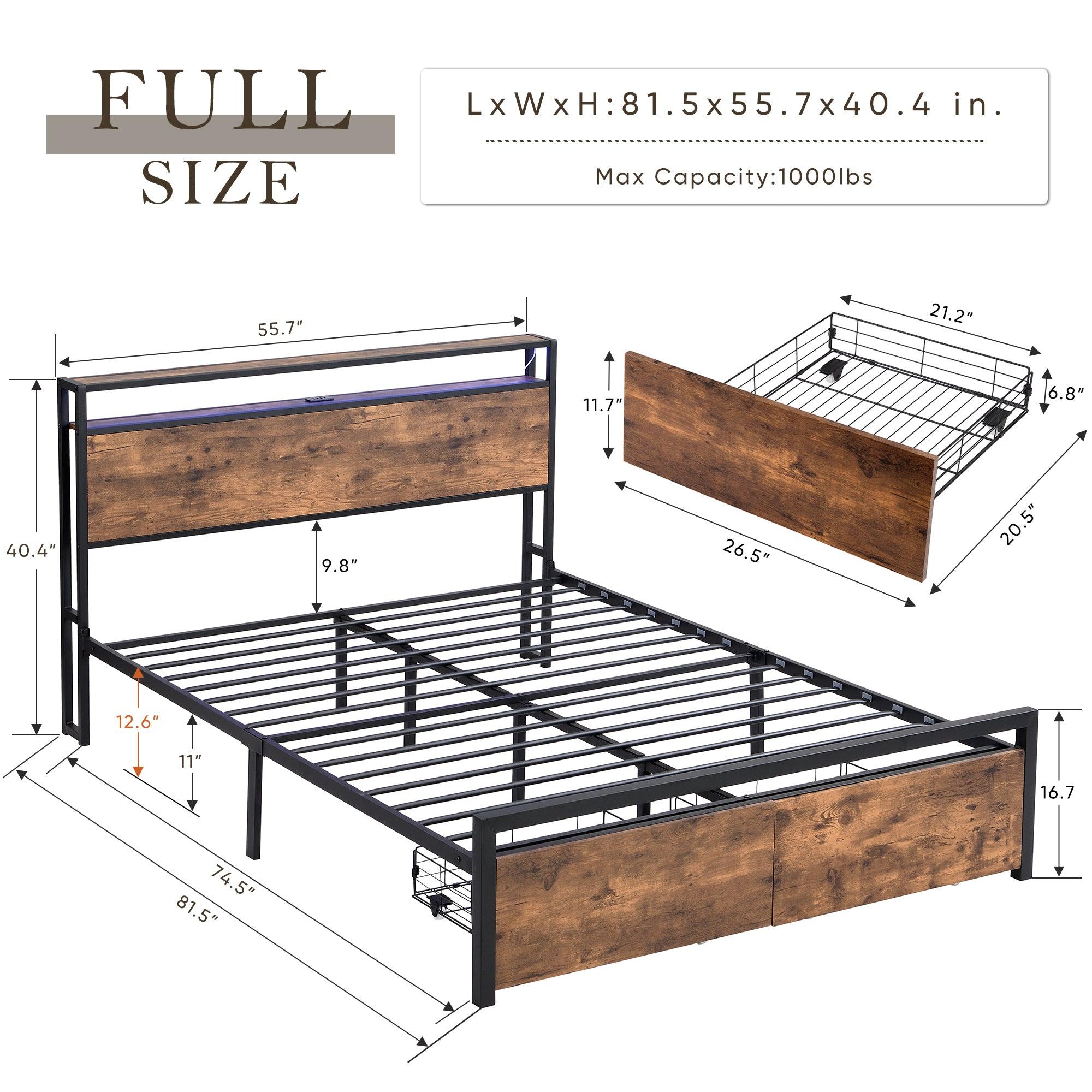 Full Size Bed Frame with Storage Headboard and 2 Drawers, LED Lights Bed with Charging Station, Metal Platform Bed No Noise