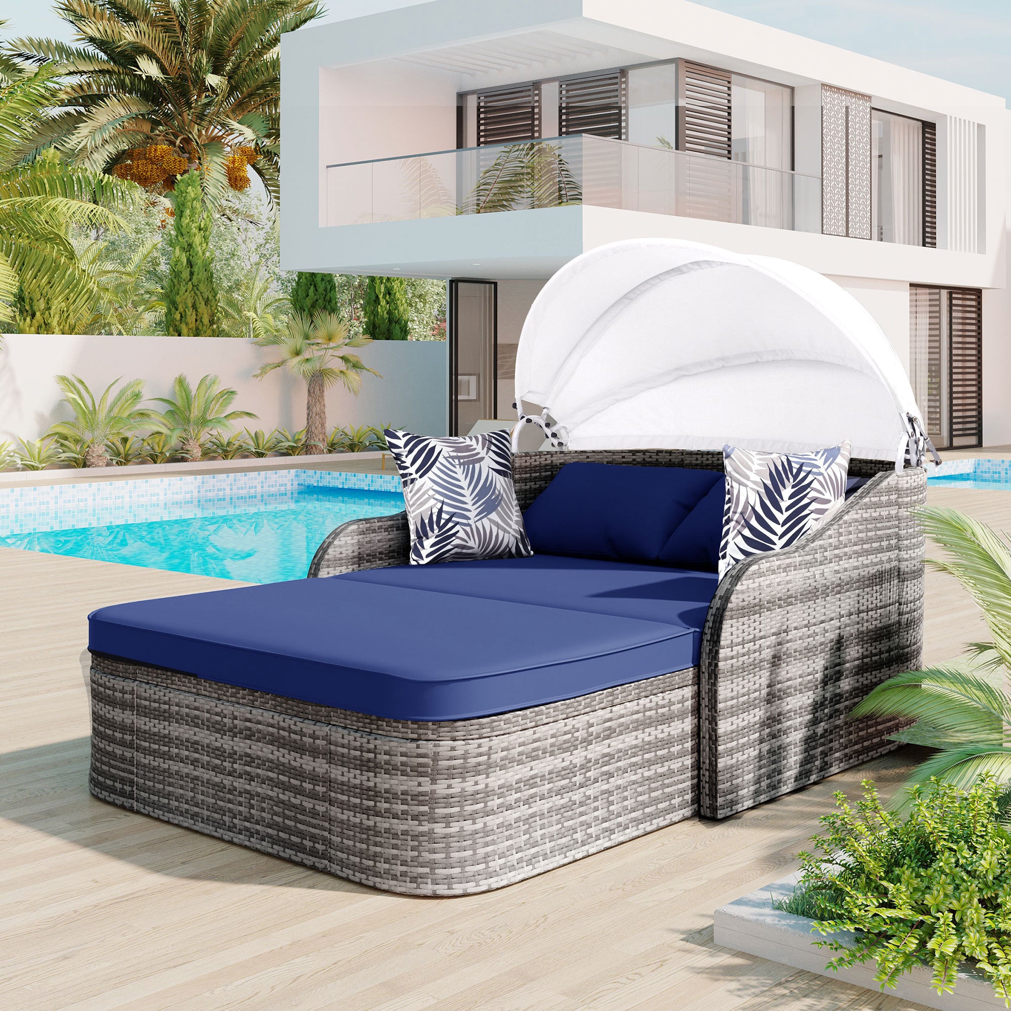 🆓🚛 Go 79.9" Outdoor Sunbed With Adjustable Canopy, Daybed With Pillows, Double Lounge, Pe Rattan Daybed, Gray Wicker & Blue Cushion