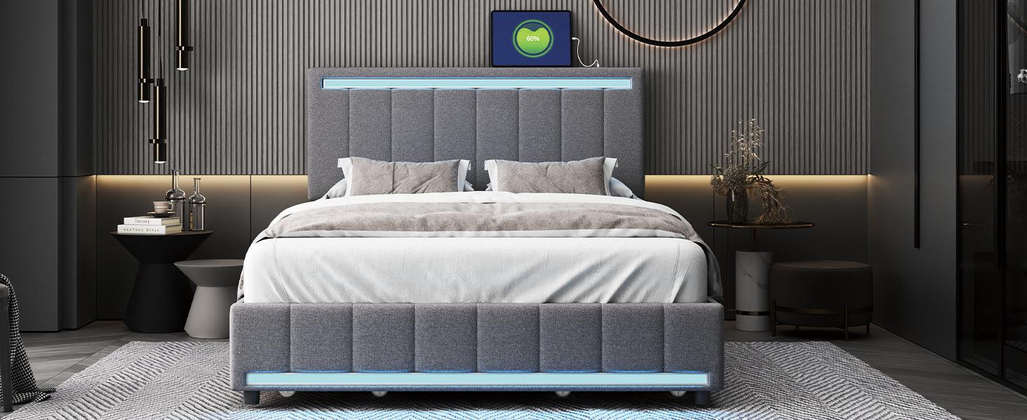 Full Size Upholstered Bed with LED Light and 4 Drawers,  Modern Platform Bed with a set of Sockets and USB Ports, Linen Fabric, Gray