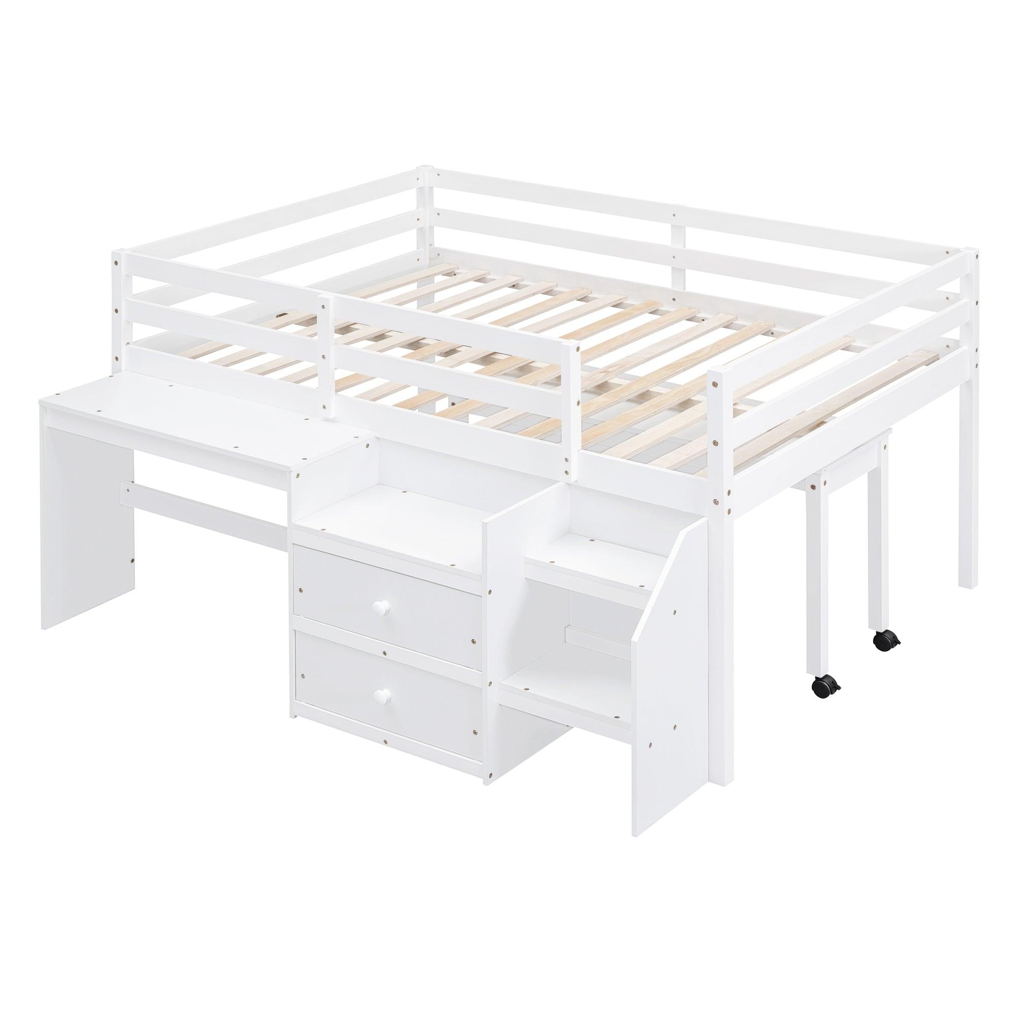 Full Size Loft Bed with Desk and Drawers, Wooden Loft Bed with Lateral Portable Desk, White