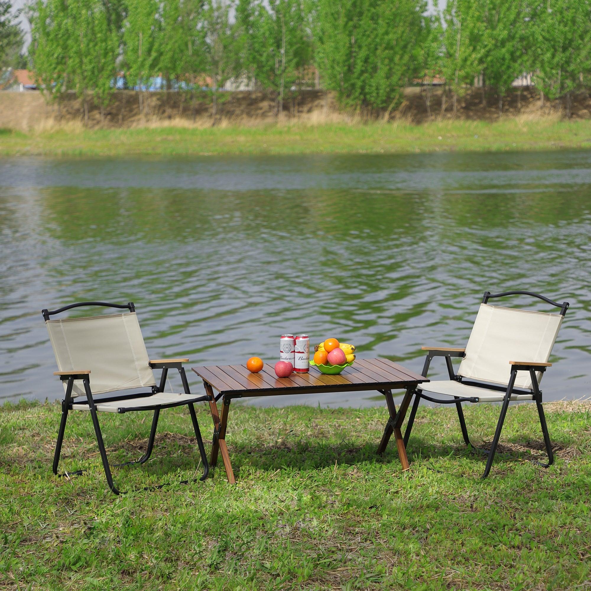 🆓🚛 3-Piece Folding Outdoor Table & Two Chairs, Lightweight Aluminum Roll-Up Square for Indoor, Outdoor Camping, Picnics, Beach, Backyard, Bbq, Party, Patio, Brown/Beige