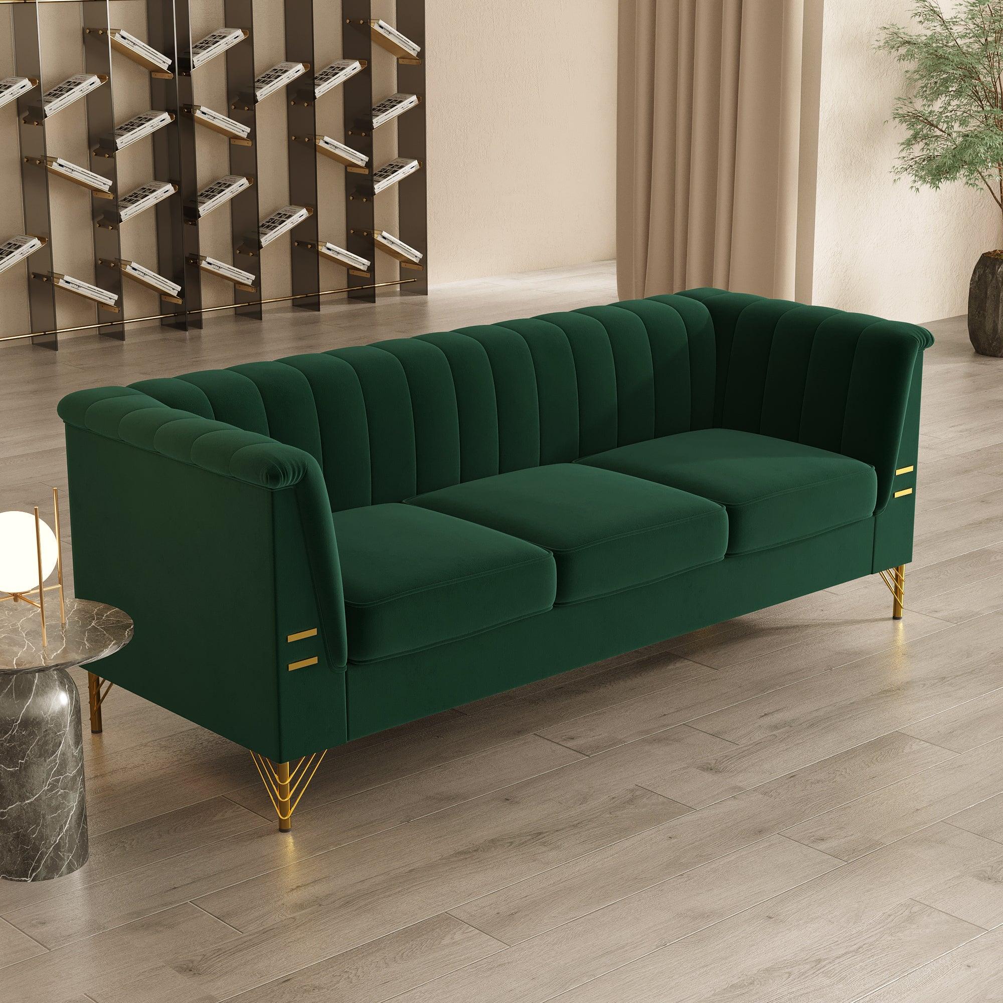 🆓🚛 82.67'' W Velvet Sofa, Mid-Century Sofa Furniture Chesterfield Couch for Living Room, Green