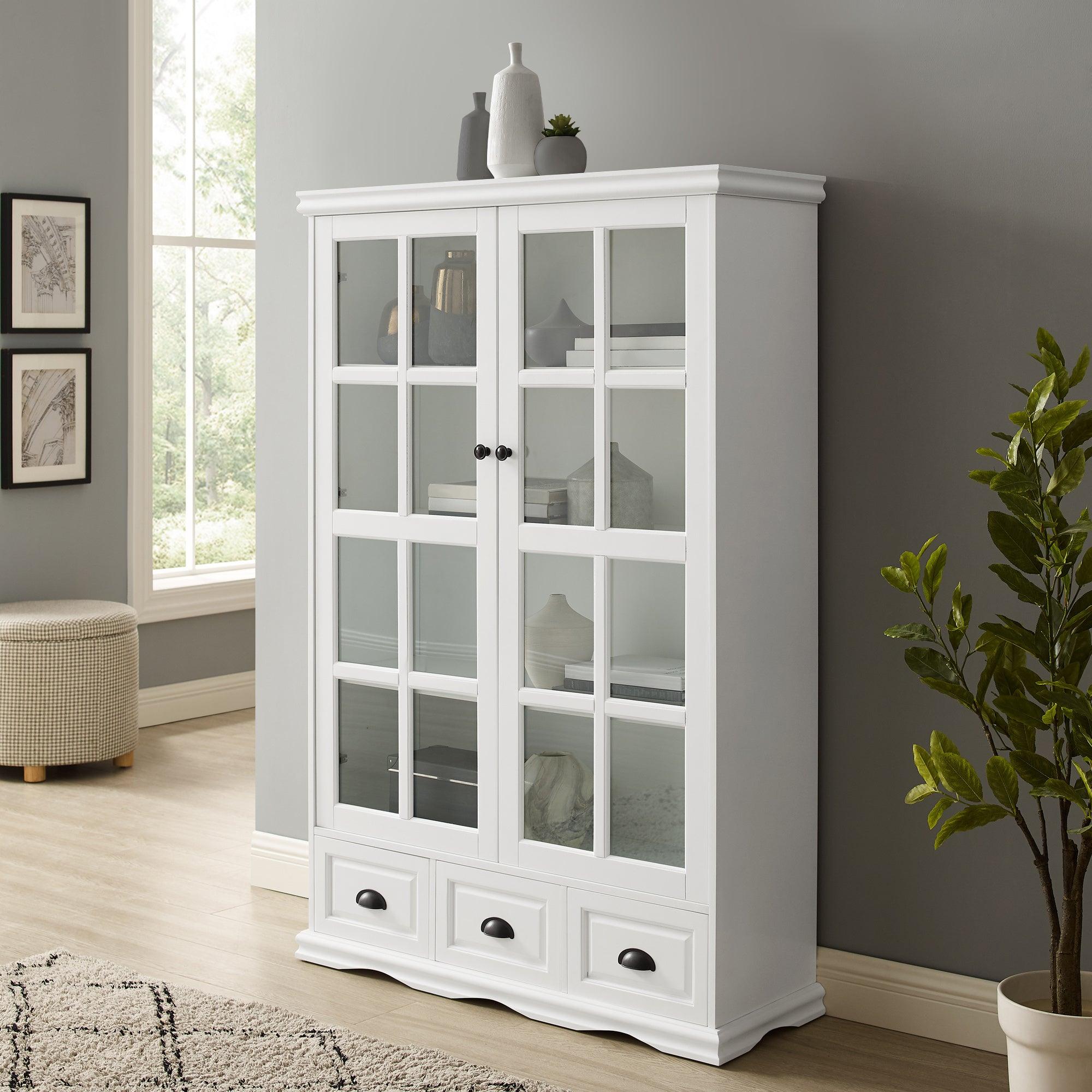 🆓🚛 Tempered Glass Doors Curio Display Cabinet With 4 Shelves & 3 Drawers - White