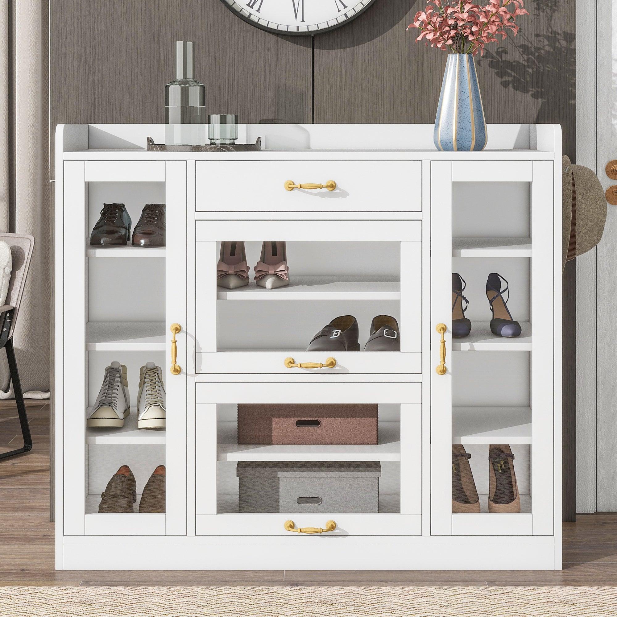 🆓🚛 Modern Side Cabinet With 4 Glass Doors & 3 Hooks, Freestanding Shoe Rack With Multiple Adjustable Shelves, Versatile Display Cabinet With Gold Handles for Hallway, Living Room, White