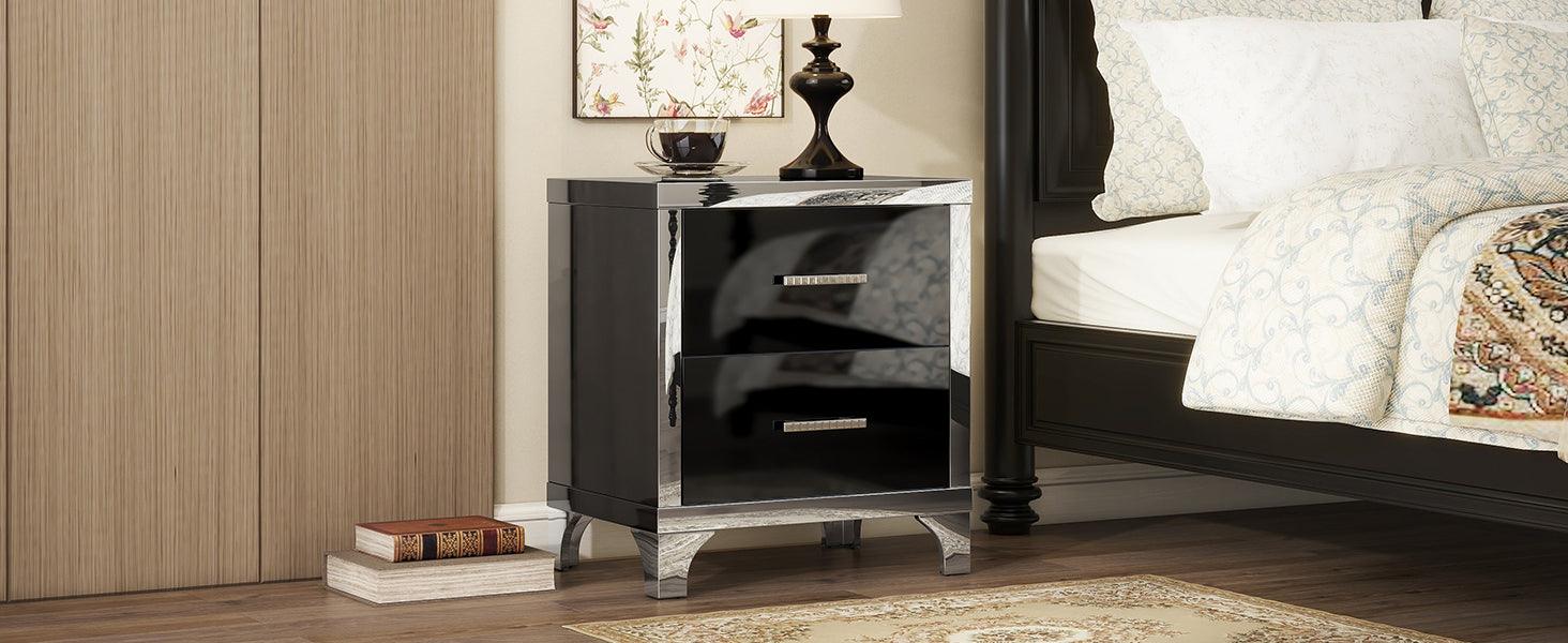 Elegant High Gloss Nightstand with Metal Handle, Mirrored Bedside Table with 2 Drawers for Bedroom, Living Room, Black