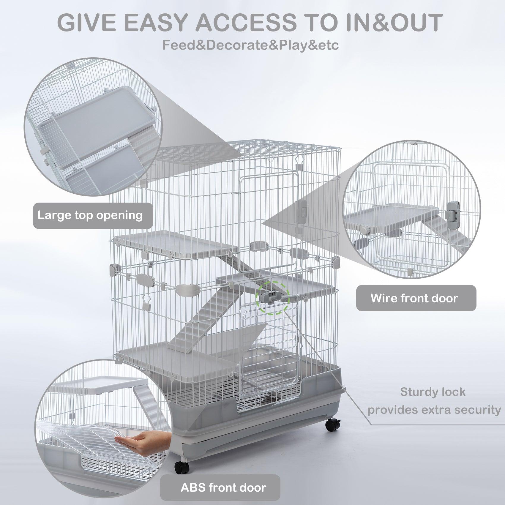 4-Tier 32" Small Animal Metal Cage Height Adjustable With Lockable Casters  Grilles Pull-Out Tray For Rabbit Chinchilla Ferret Bunny Guinea Pig Squirrel Hedgehog, GREY