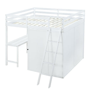 Full Size Loft Bed with Wardrobe and Desk and Shelves, White