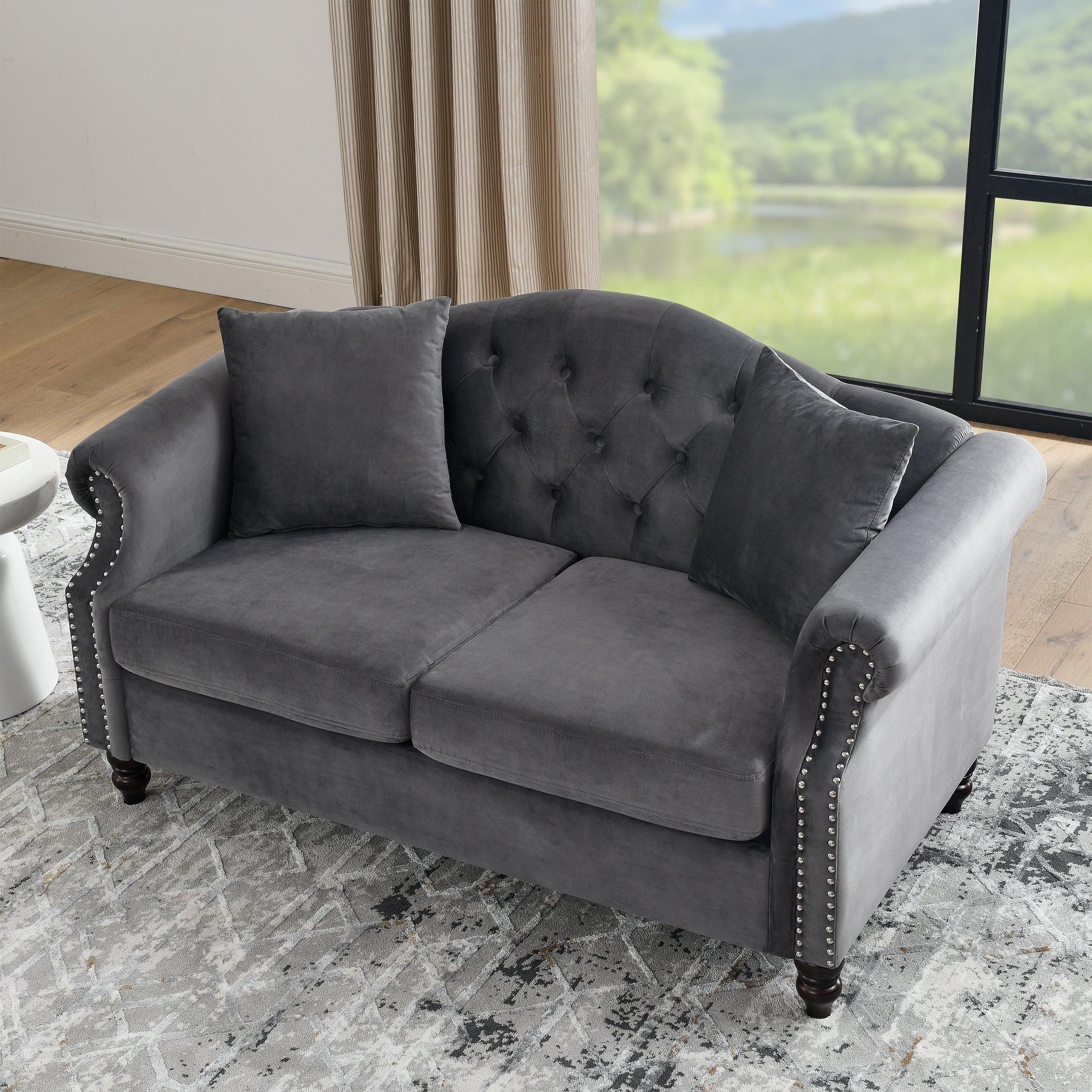 57" Chesterfield Sofa Grey Velvet for Living Room, 2 Seater Sofa Tufted Couch with Rolled Arms and Nailhead, with 2 Pillows