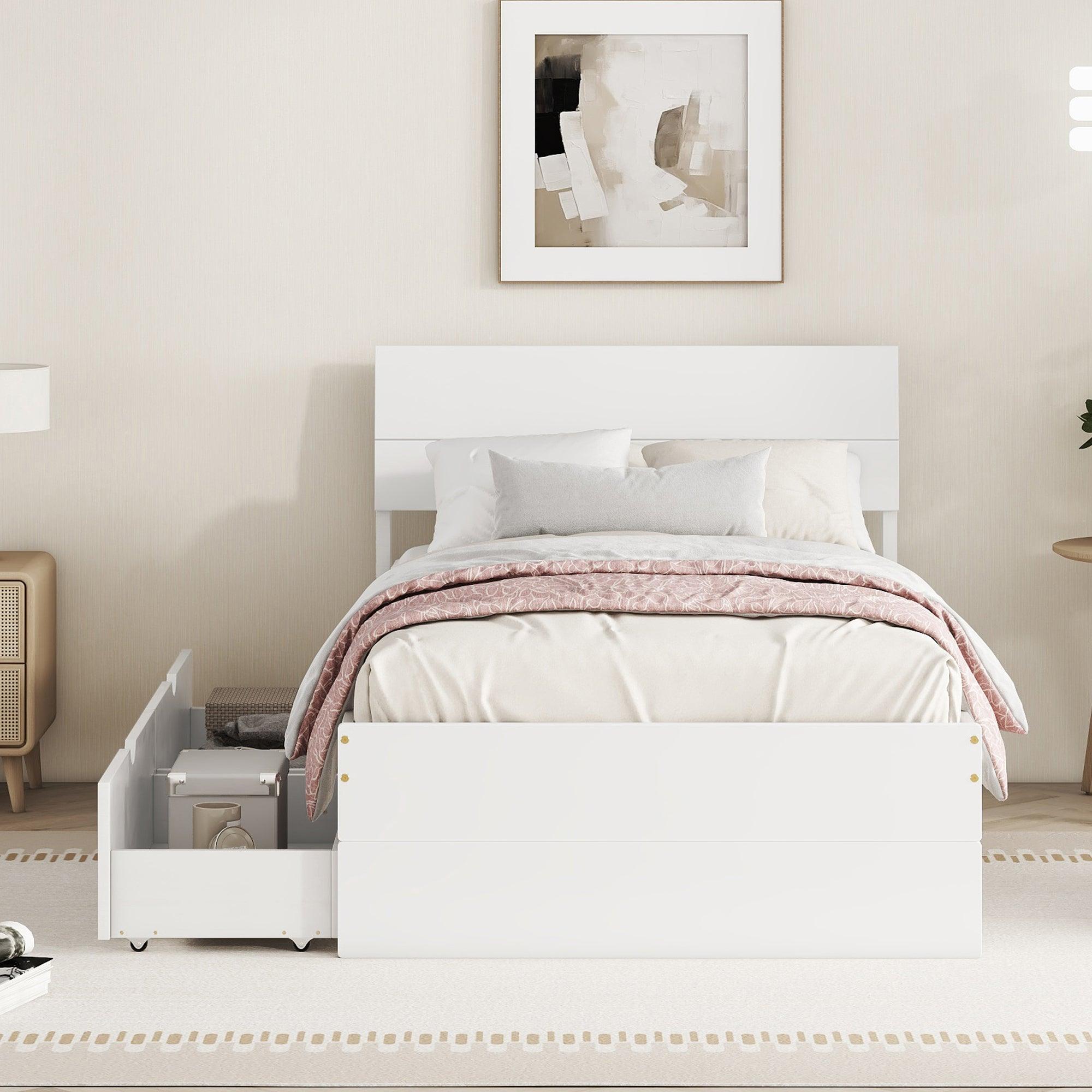 🆓🚛 Modern Twin Bed Frame With 2 Drawers for White High Gloss Headboard & Footboard With Washed White Color