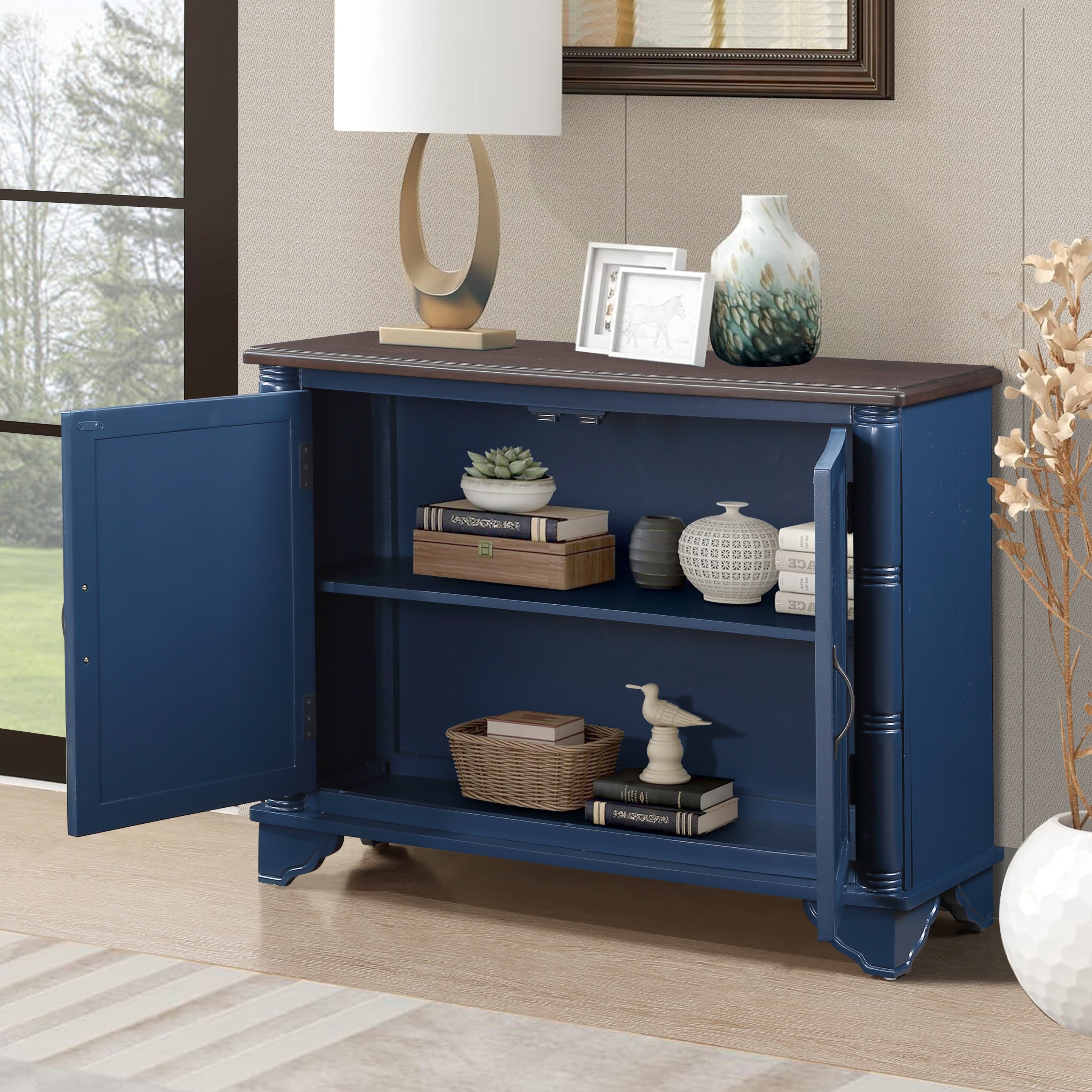 🆓🚛 40" Console Table With Storage Shelf, Retro Entryway Table With Adjustable Storage Shelf, Sofa Couch Table for Hallway, Entry Way, Living Room, Foyer, Navy Blue and Brown Top