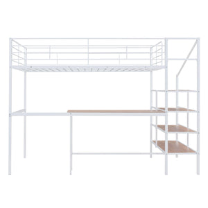 Full Size Metal Loft Bed with Desk and Lateral Storage Ladder, White