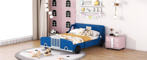 Full Size Car-Shaped Platform Bed with Wheels, Blue