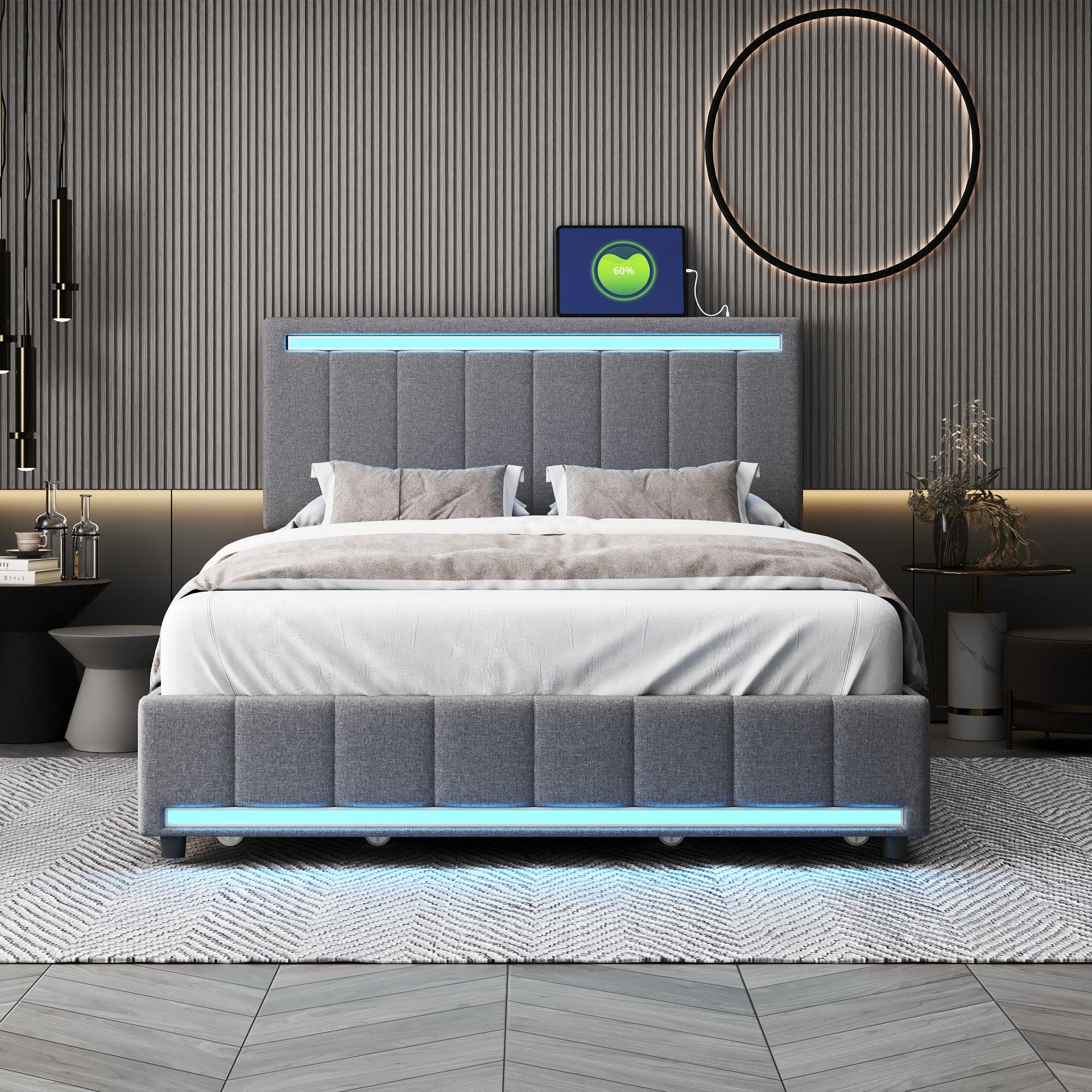 Full Size Upholstered Bed with LED Light and 4 Drawers,  Modern Platform Bed with a set of Sockets and USB Ports, Linen Fabric, Gray