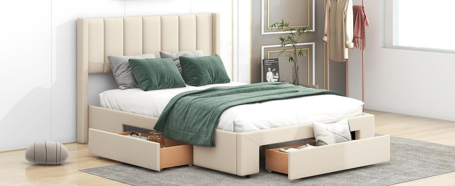 Full Size Upholstered Platform Bed with One Large Drawer in the Footboard and Drawer on Each Side, Beige