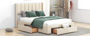 Full Size Upholstered Platform Bed with One Large Drawer in the Footboard and Drawer on Each Side, Beige