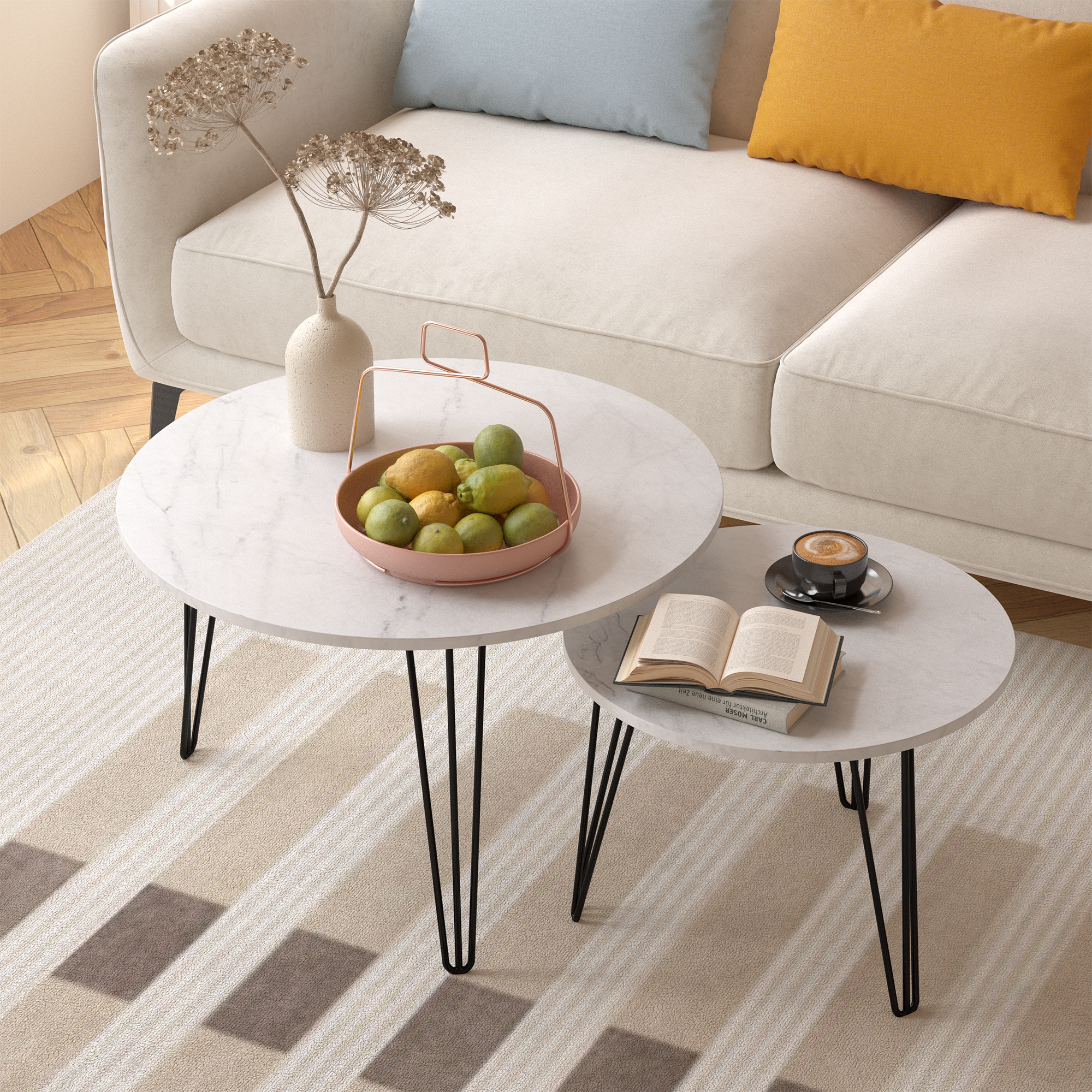 27.56'' Round Nesting Coffee Table Set of 2,  Circular Nesting End Table Set, Round Marble Tabletop, and Sturdy Metal Base for Living Room, Bedroom, White