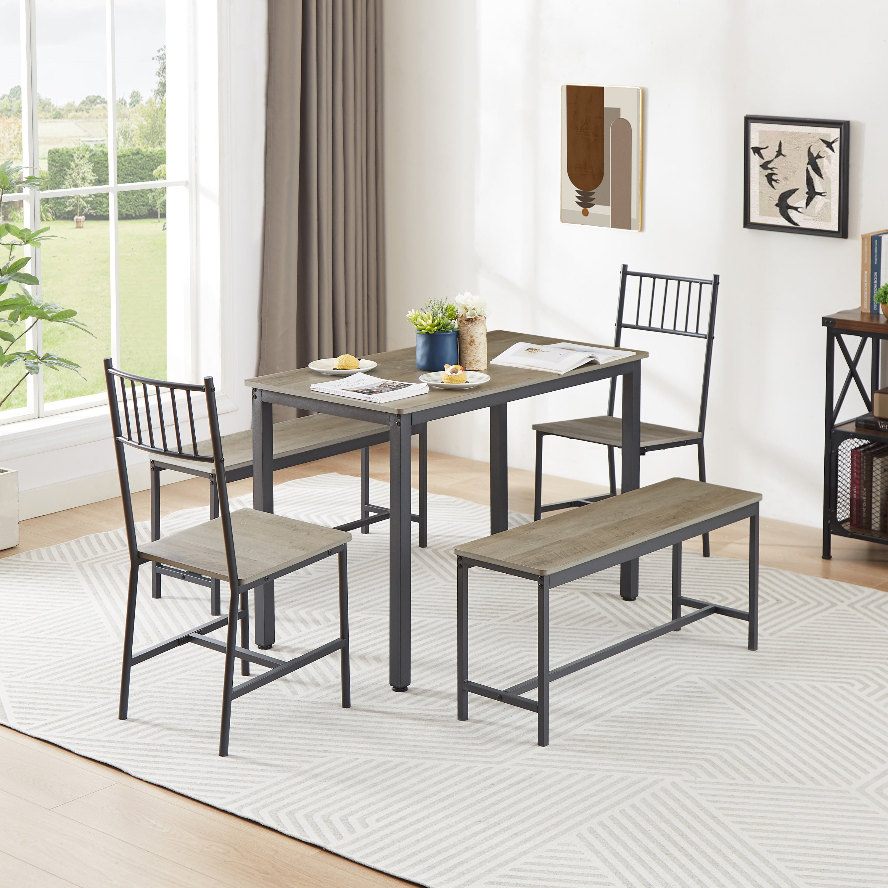 🆓🚛 Dining Table Set, Barstool Dining Table With 2 Benches 2 Back Chairs, Industrial Dining Table for Kitchen Breakfast Table, Living Room, Party Room, Rustic Gray and Black, 43.3″L X 23.6″W X 29.9″H