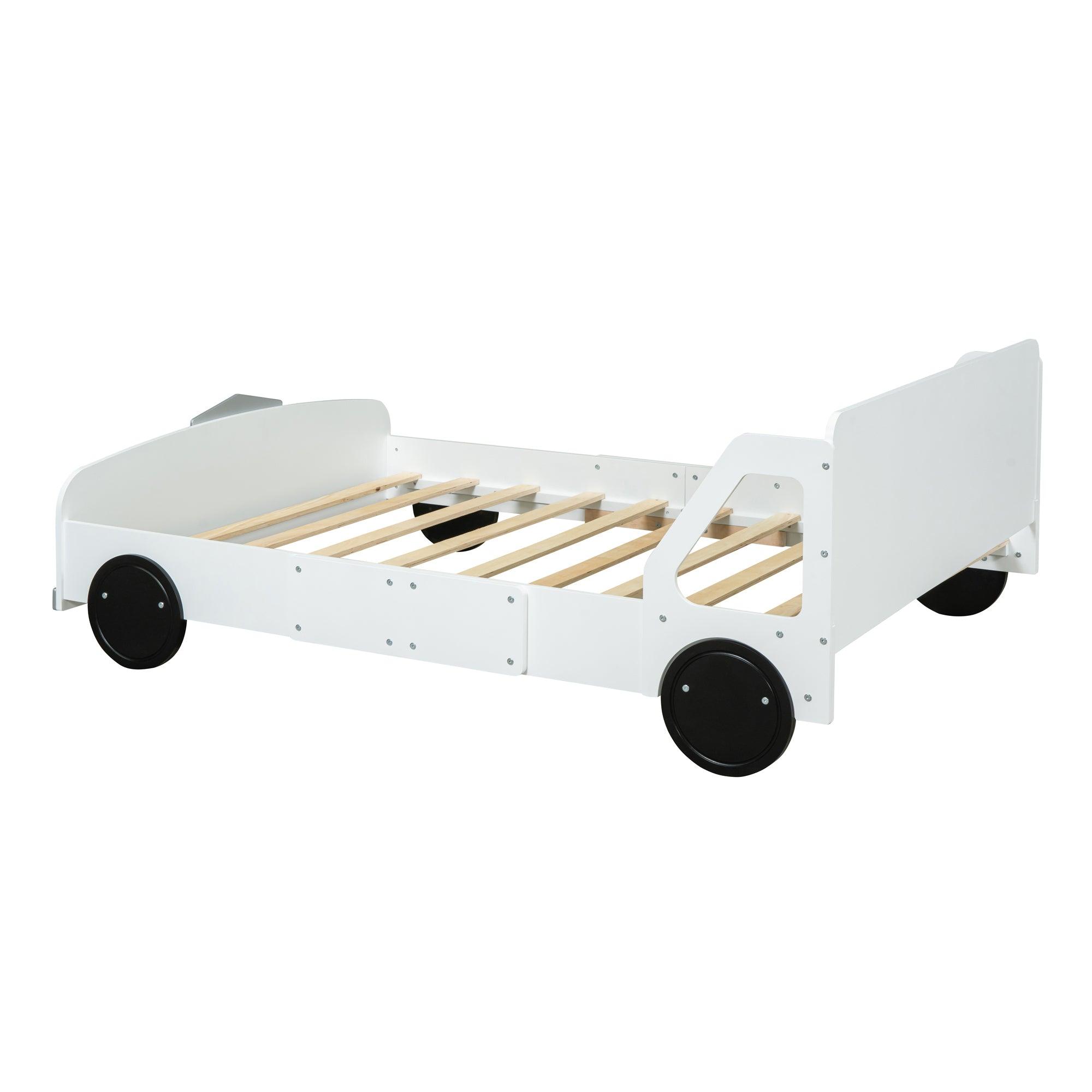 Full Size Car-Shaped Platform Bed with Wheels, White