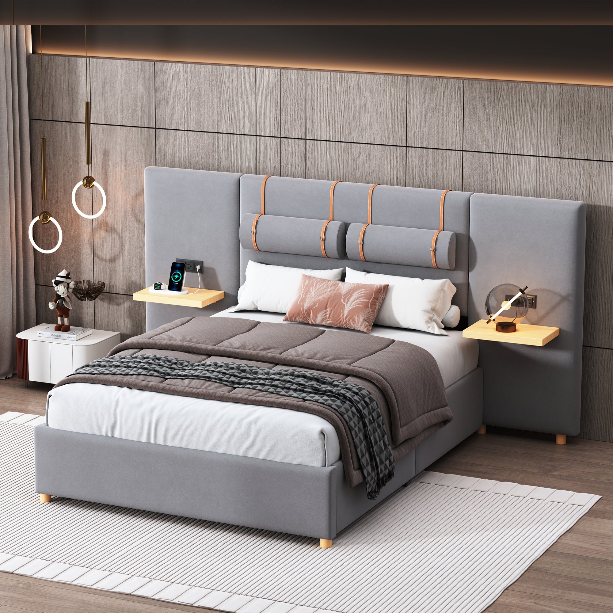Full Size Upholstered Platform Bed With Two Outlets and USB Charging Ports on Both Sides, Two Bedside Pillows, Storage Shelf, Velvet, Gray