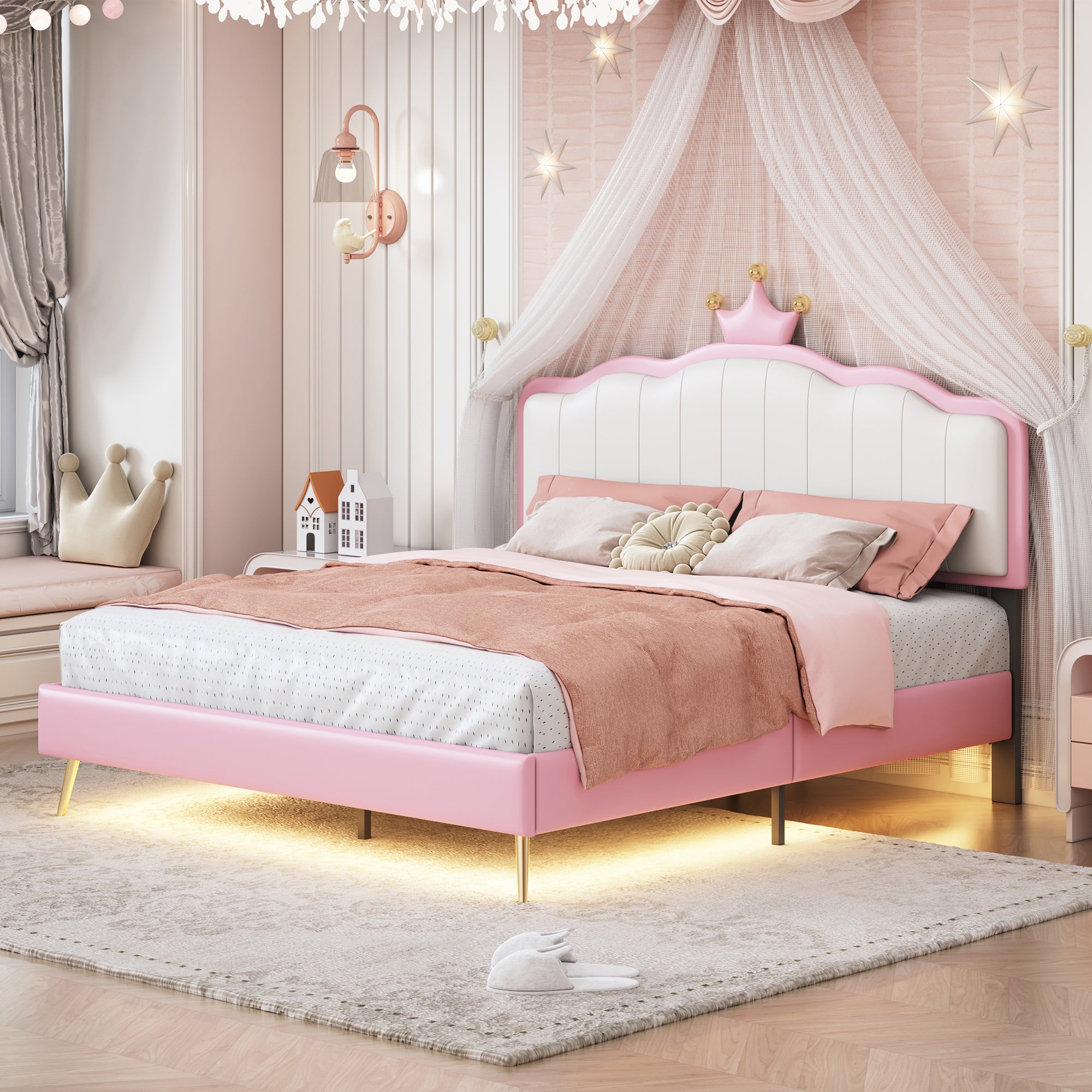 🆓🚛 Full Size Upholstered Princess Bed With Crown Headboard, Full Size Platform Bed With Headboard and Footboard With Light Strips, Golden Metal Legs, White+Pink